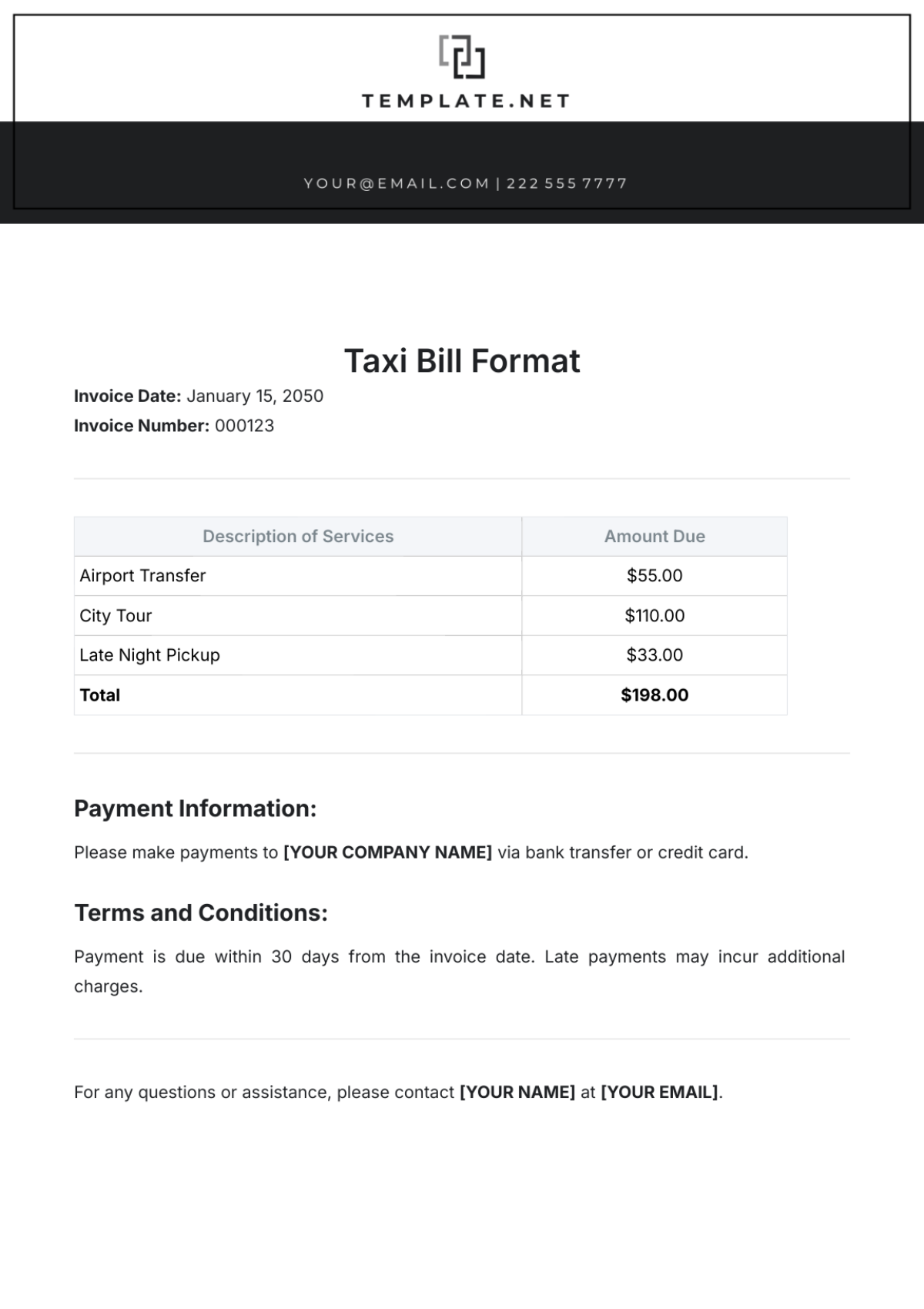 Taxi Bill Format Template - Edit Online & Download