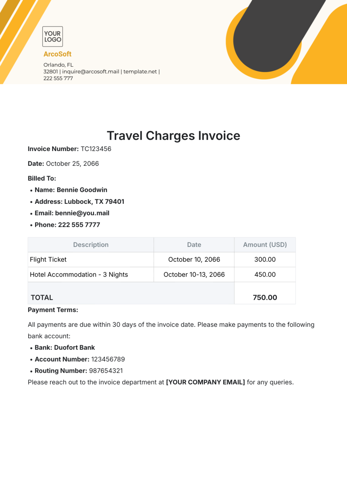 Travel Charges Invoice Template - Edit Online & Download