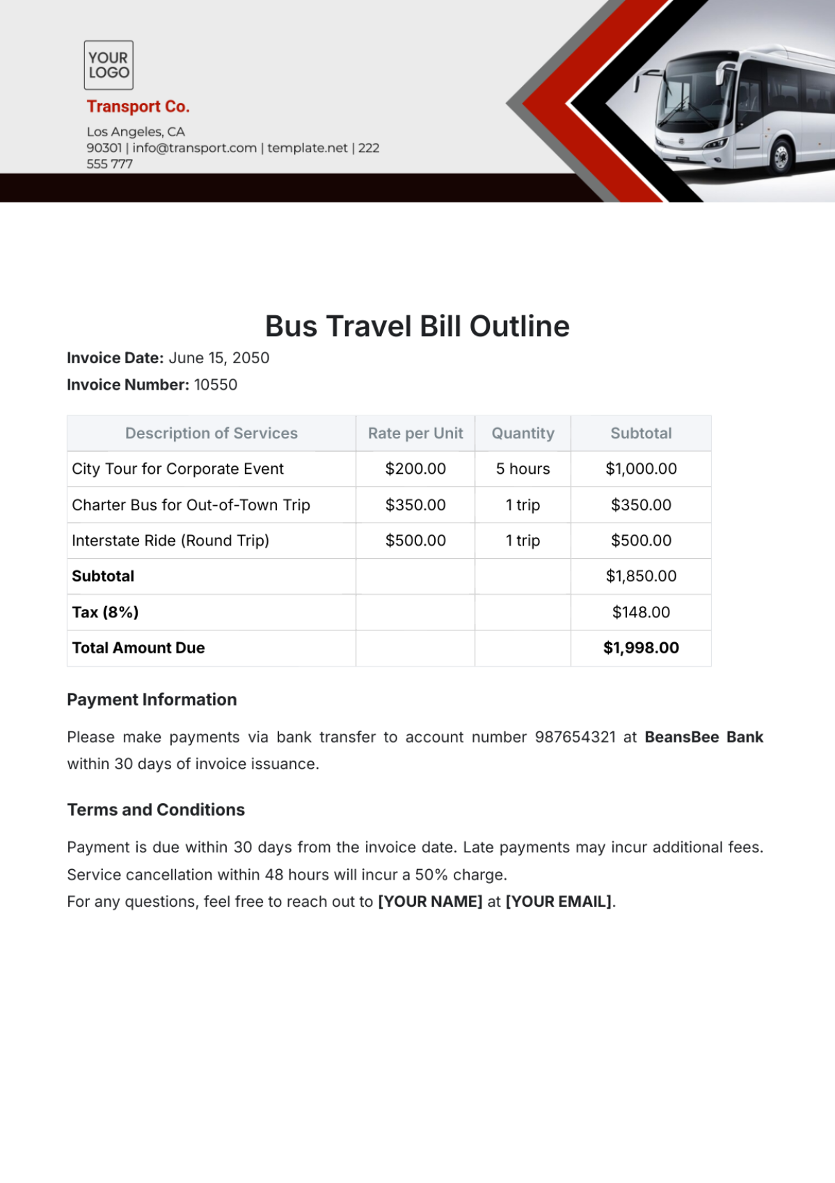 Bus Travel Bill Outline Template - Edit Online & Download