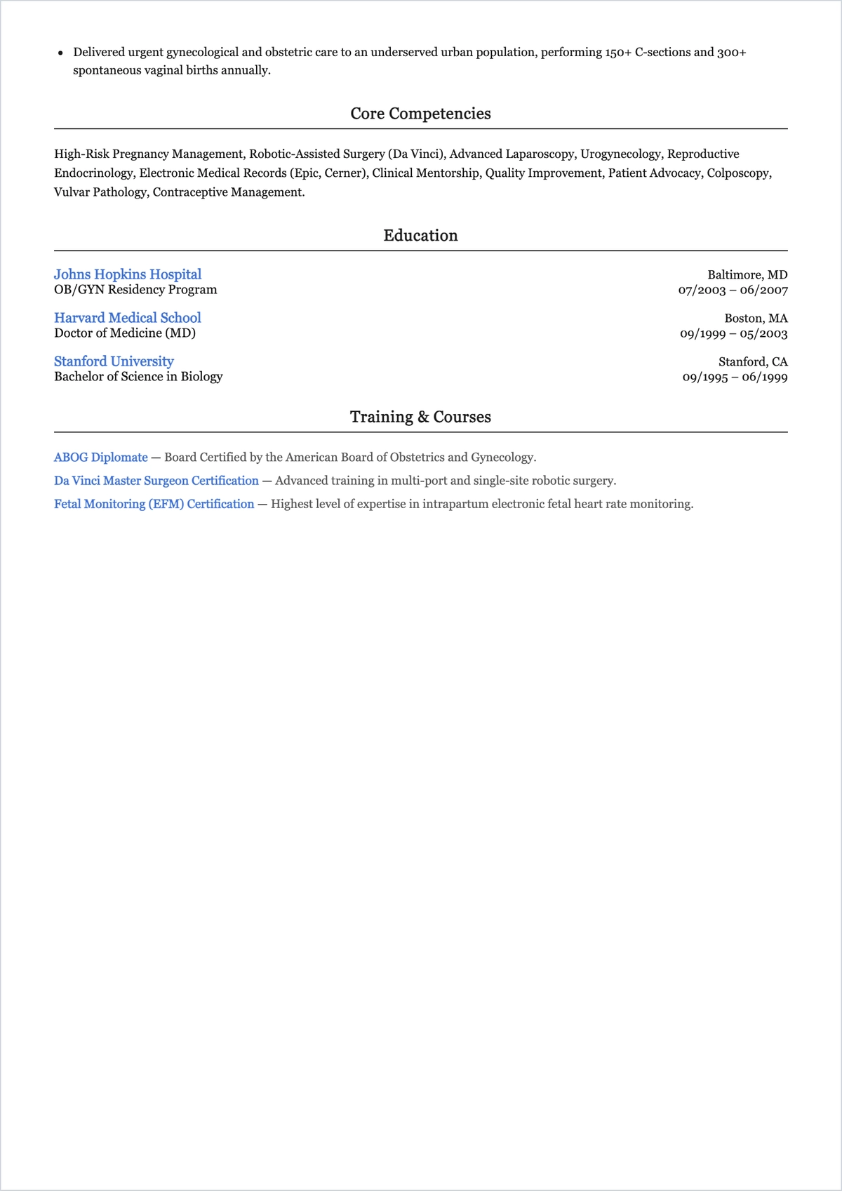 Free Gynecologist (OB/GYN) ATS Resume Template, AI Resume Builder