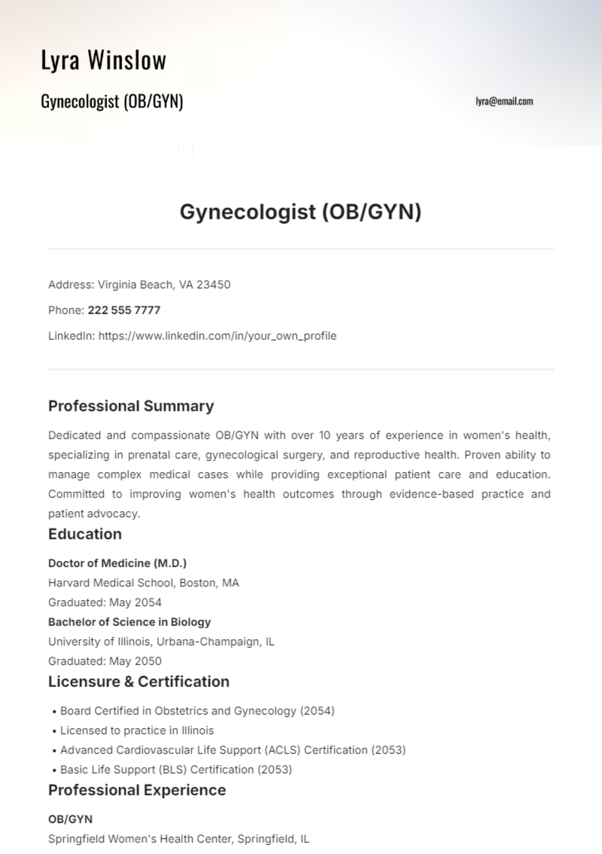 Gynecologist (OB/GYN) Resume Template - Edit Online & Download