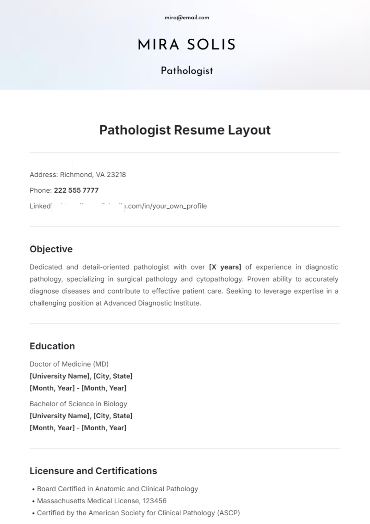 Pathologist Resume Layout Template - Edit Online & Download