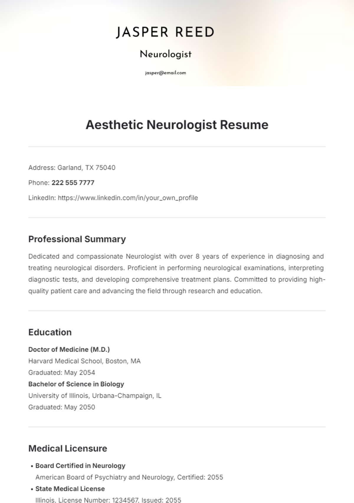 Aesthetic Neurologist Resume Template - Edit Online & Download