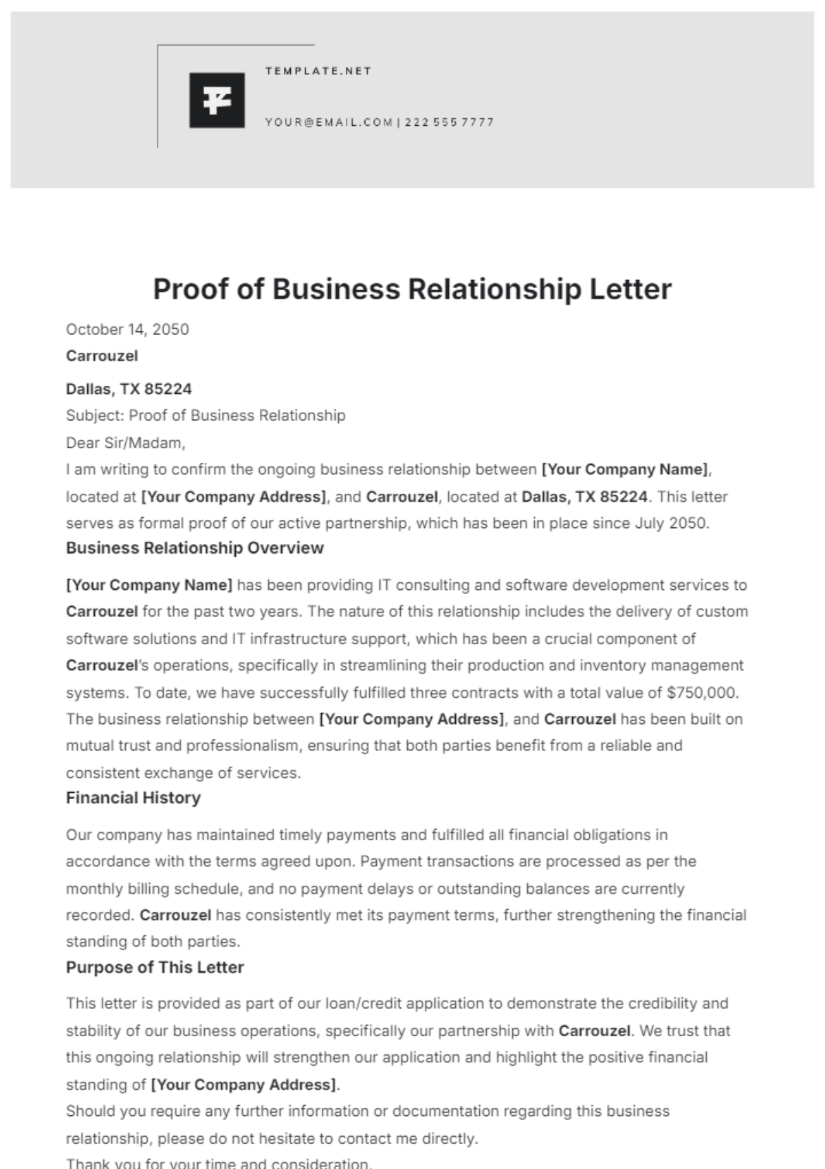 Proof of Business Relationship Letter Template - Edit Online & Download