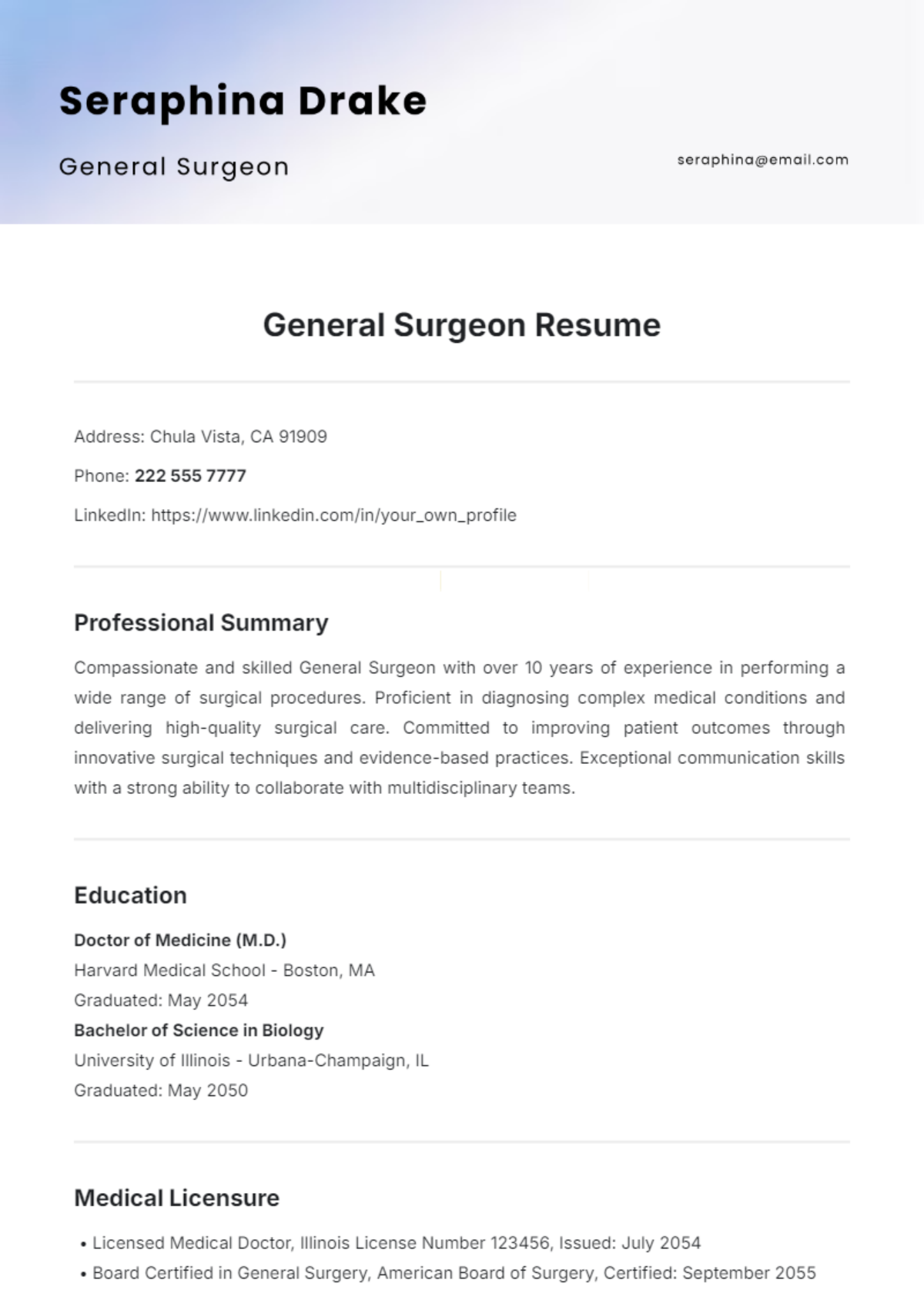 General Surgeon Resume Template - Edit Online & Download