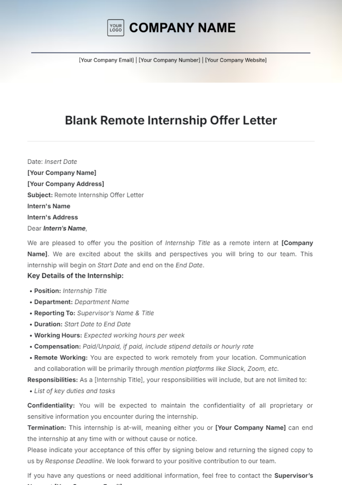 Blank Remote Internship Offer Letter Template - Edit Online & Download