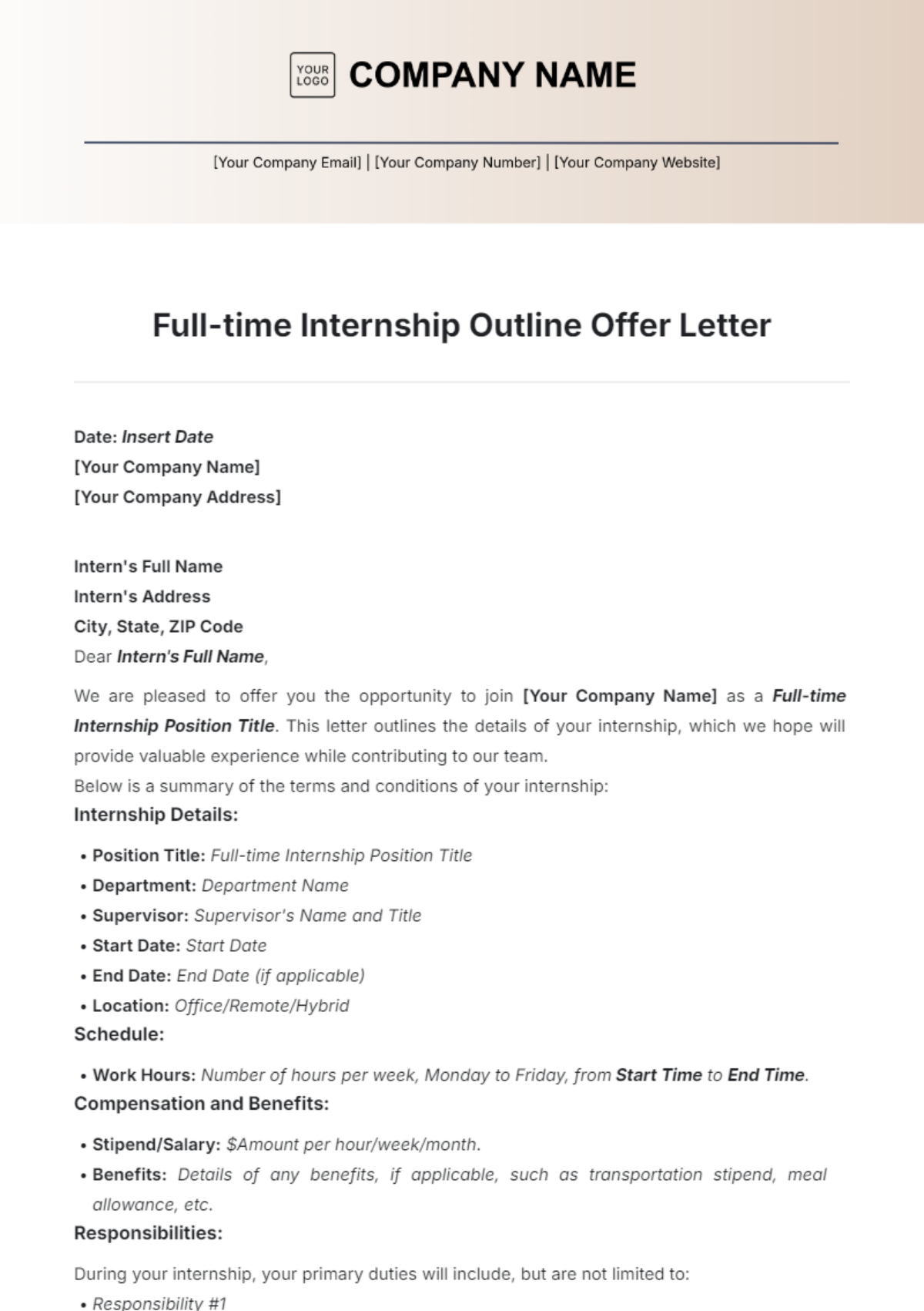 Full-time Internship Outline Offer Letter Template - Edit Online & Download