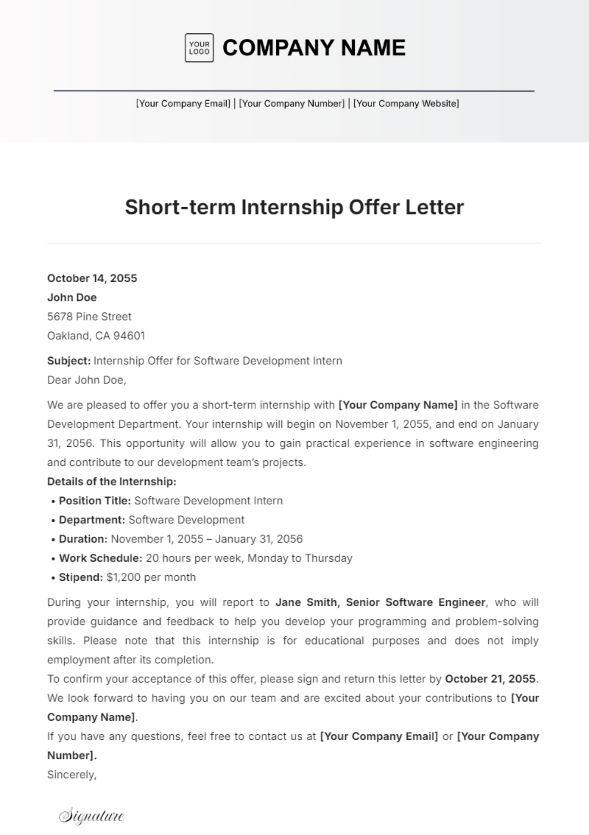 Short-term Internship Offer Letter Template - Edit Online & Download