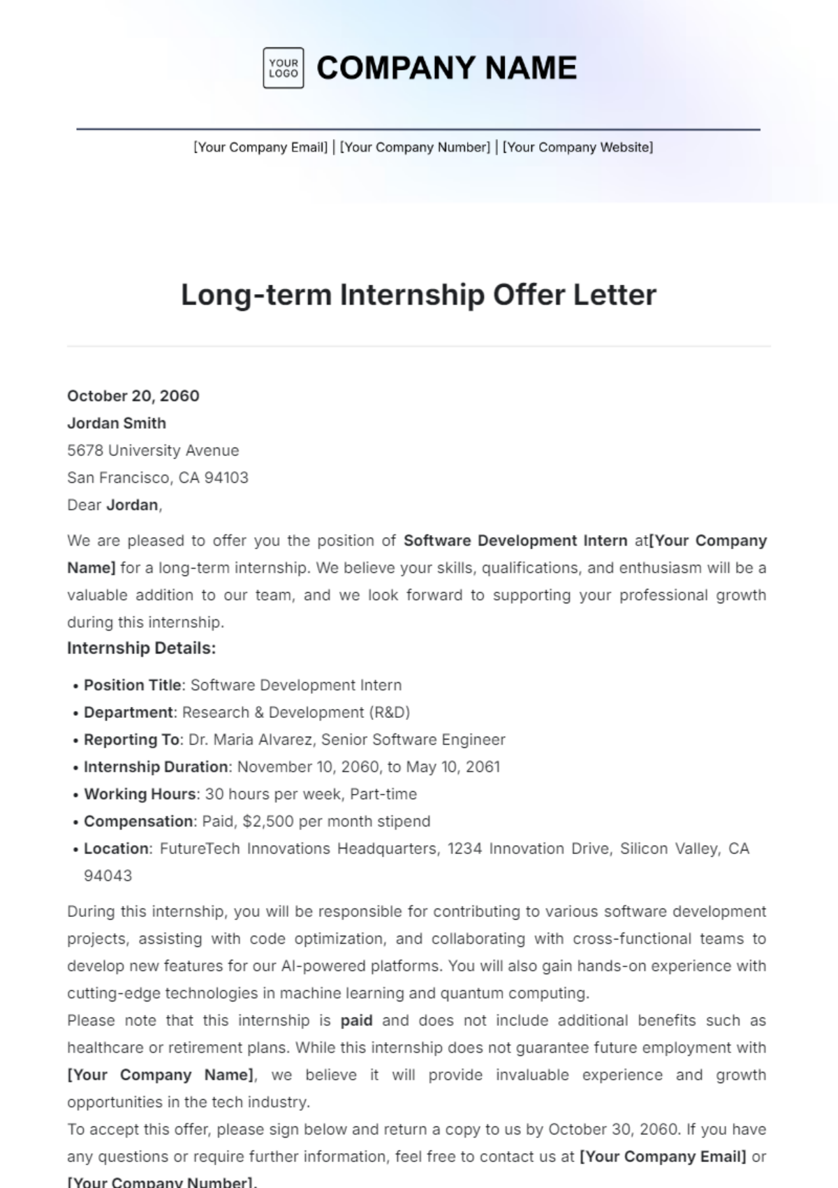 Long-term Internship Offer Letter Template - Edit Online & Download