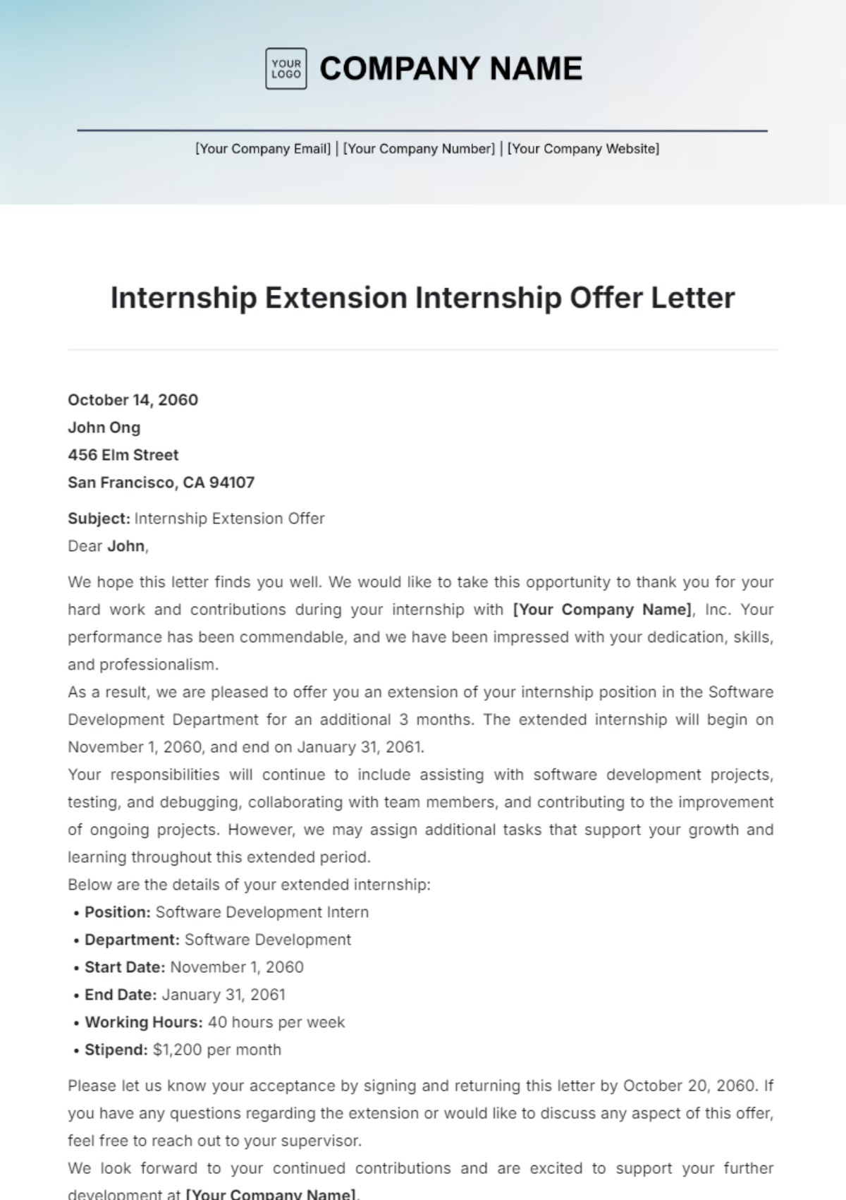 Internship Extension Internship Offer Letter Template - Edit Online & Download