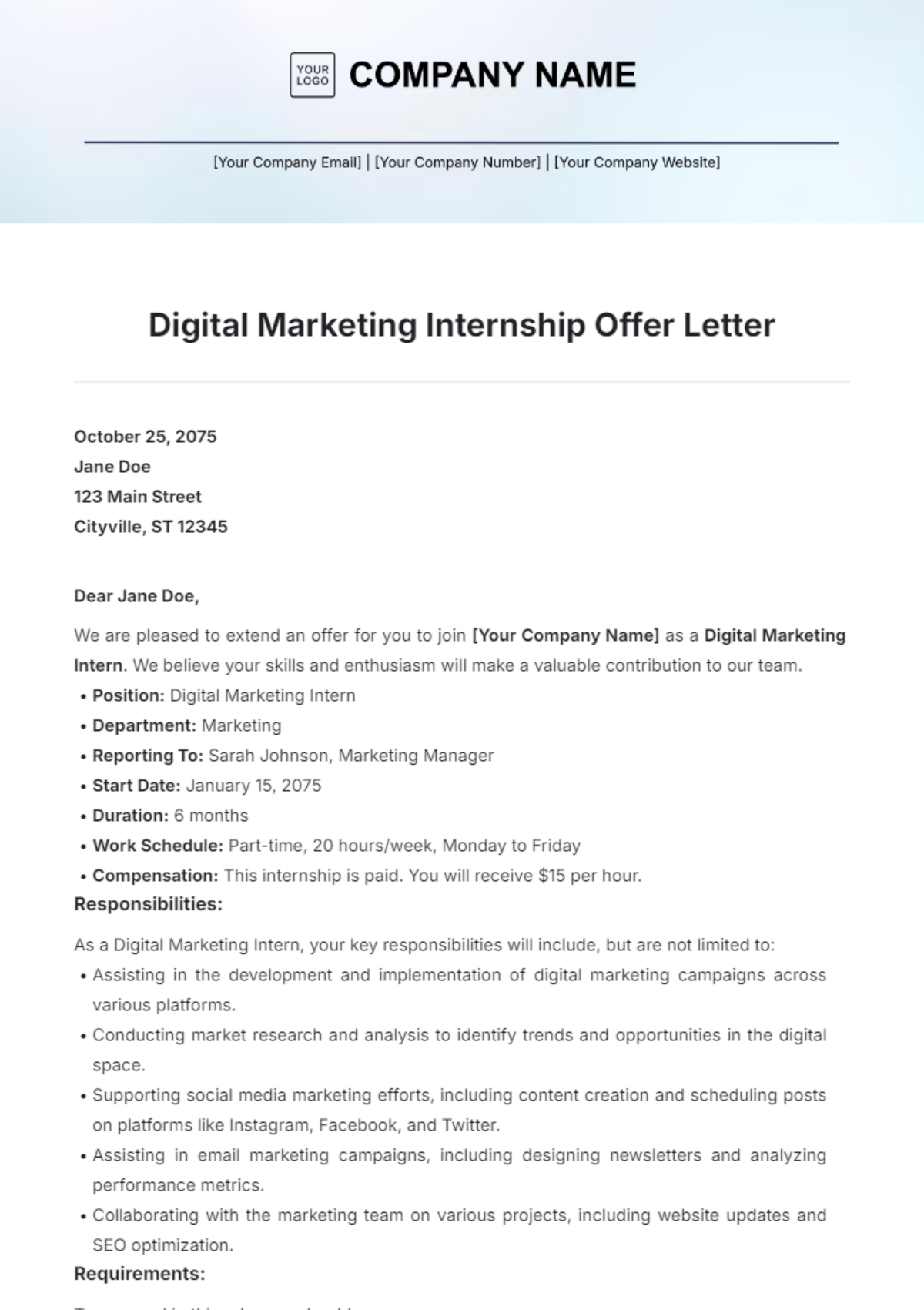 Digital Marketing Internship Offer Letter Template - Edit Online & Download