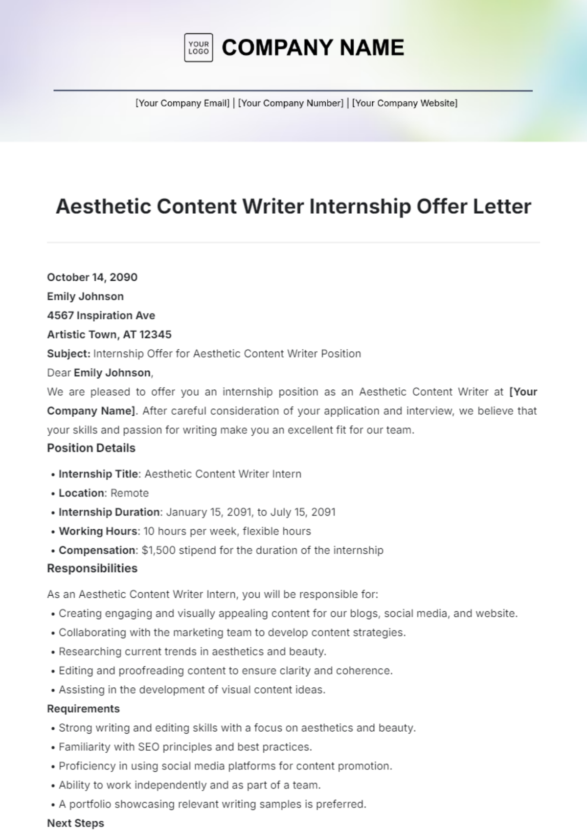 Aesthetic Content Writer Internship Offer Letter Template - Edit Online & Download