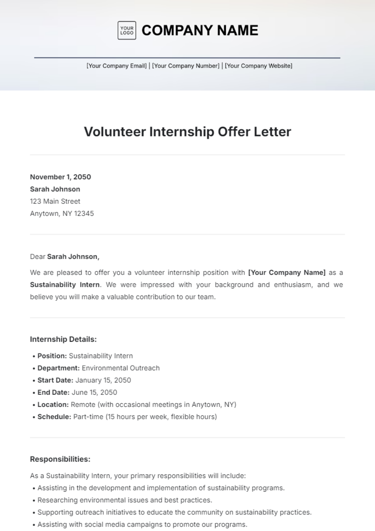 Volunteer Internship Offer Letter Template - Edit Online & Download