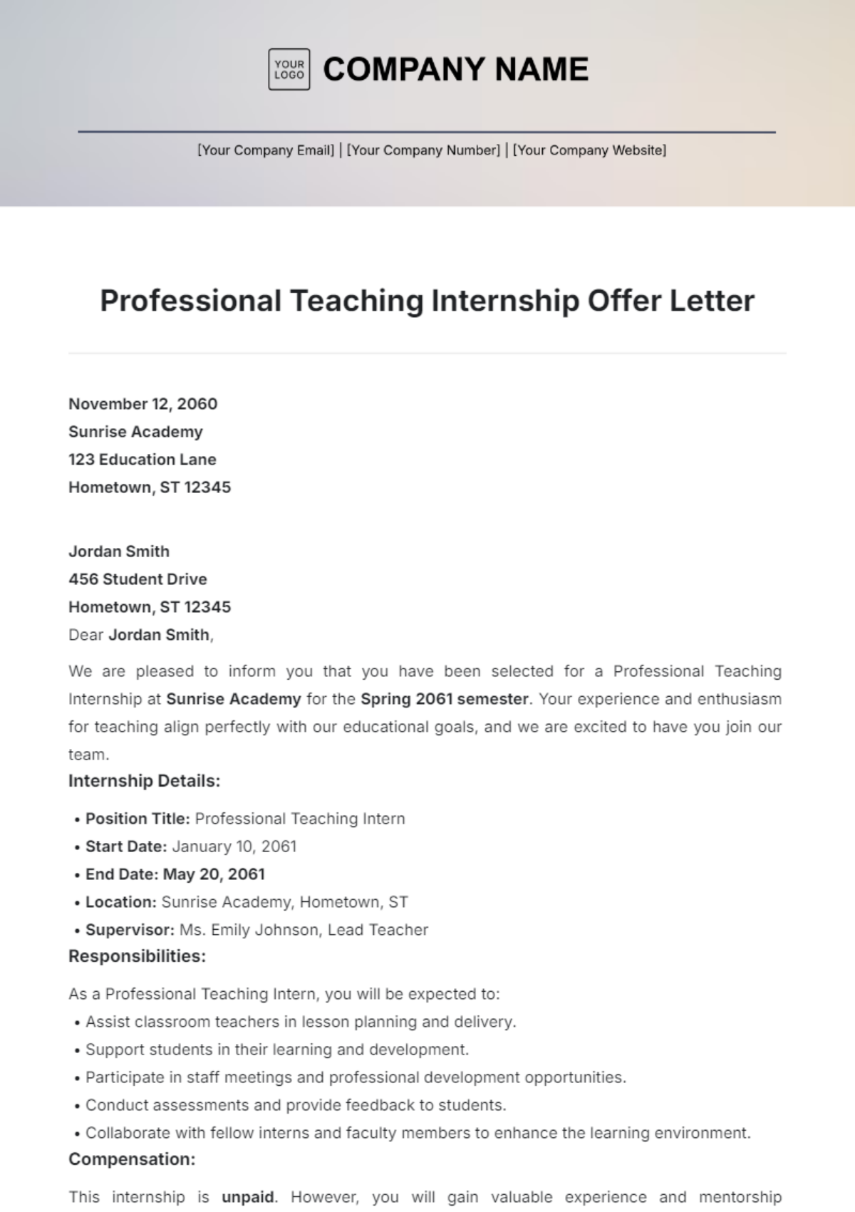 Professional Teaching Internship Offer Letter Template - Edit Online & Download