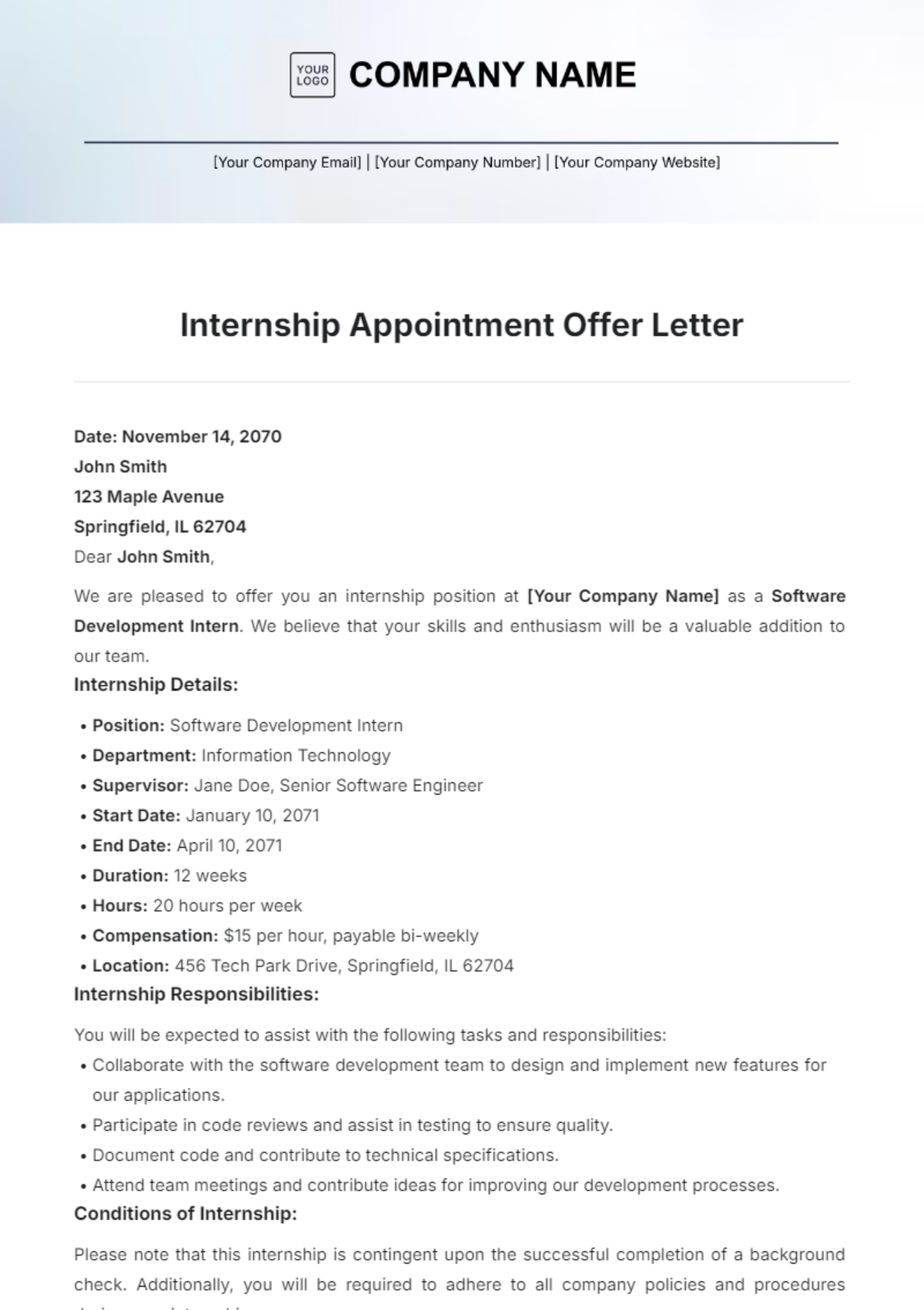 Internship Appointment Offer Letter Template - Edit Online & Download