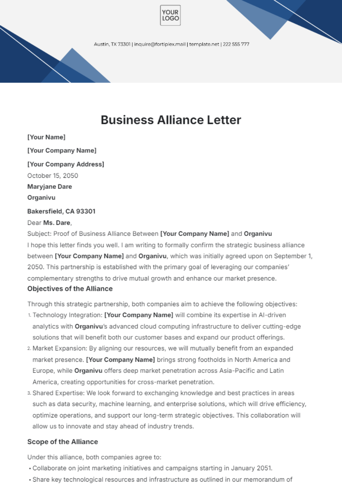 Business Alliance Letter Template - Edit Online & Download