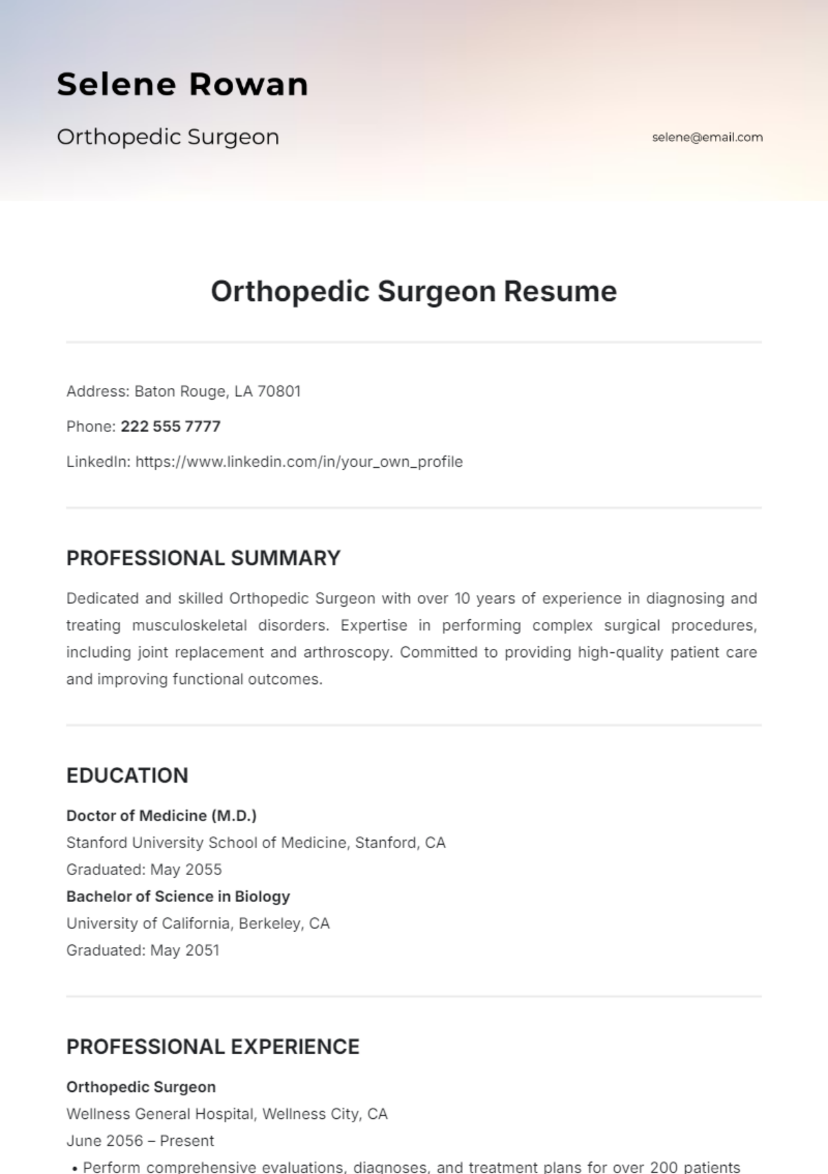 Orthopedic Surgeon Resume Template - Edit Online & Download