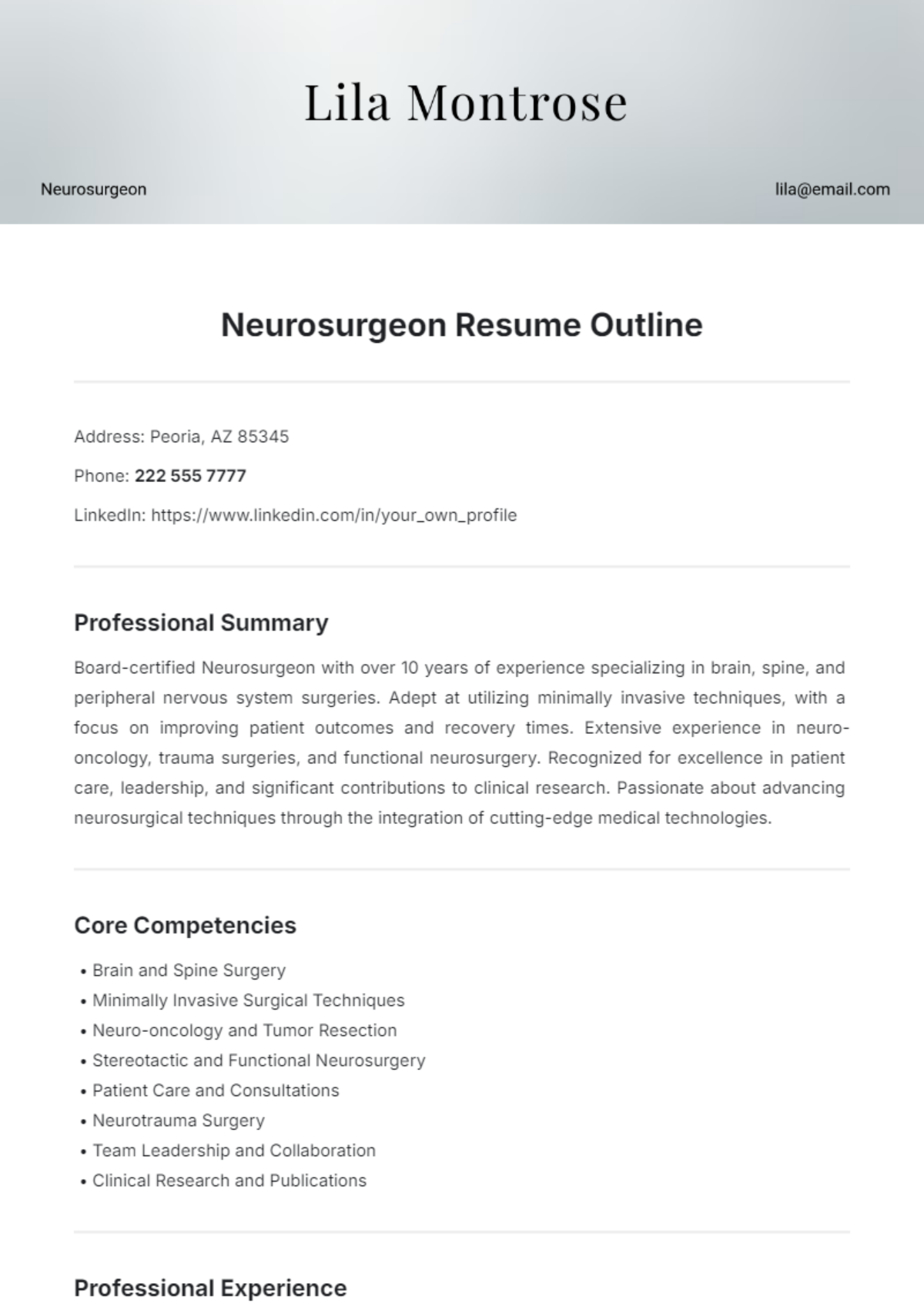 Neurosurgeon Resume Outline Template - Edit Online & Download