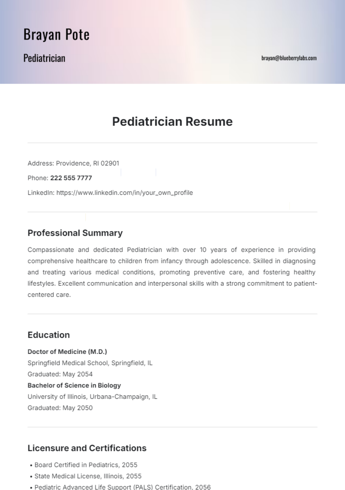 Pediatrician Resume Template - Edit Online & Download