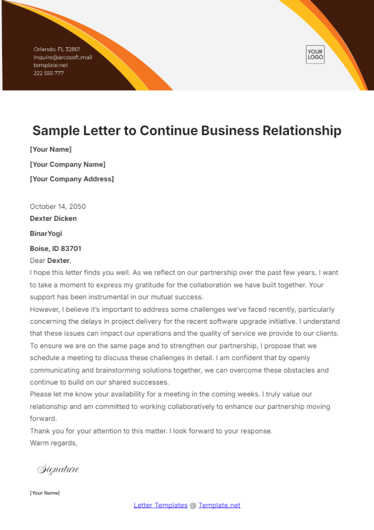 Sample Letter to Continue Business Relationship Template - Edit Online & Download