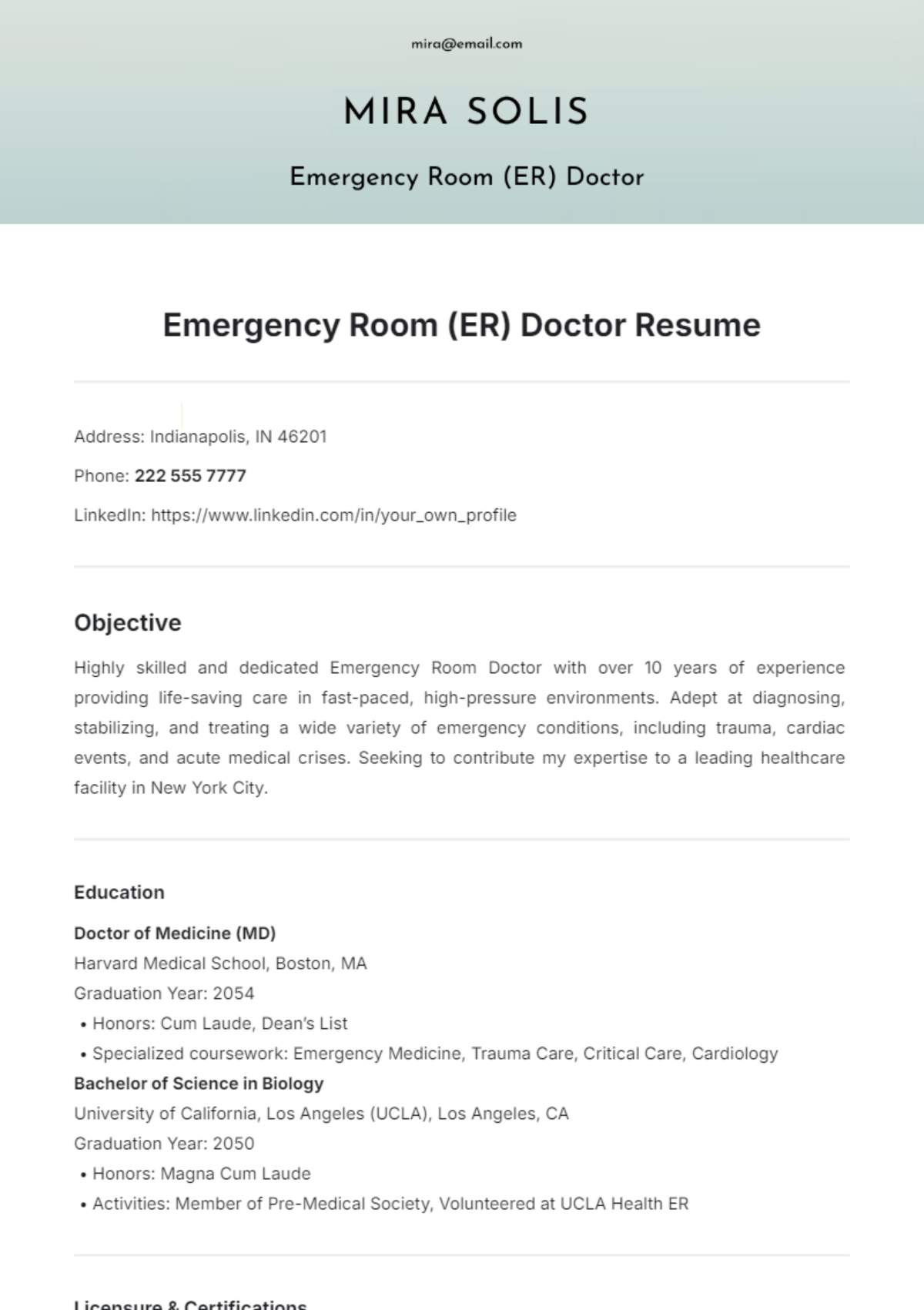 Emergency Room (ER) Doctor Resume Template - Edit Online & Download