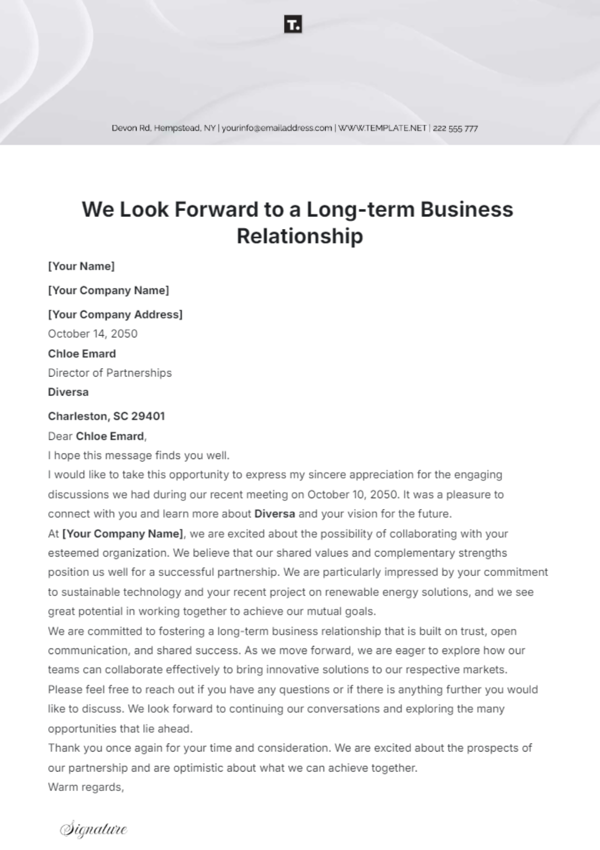 We Look Forward to a Long-term Business Relationship Letter Template - Edit Online & Download