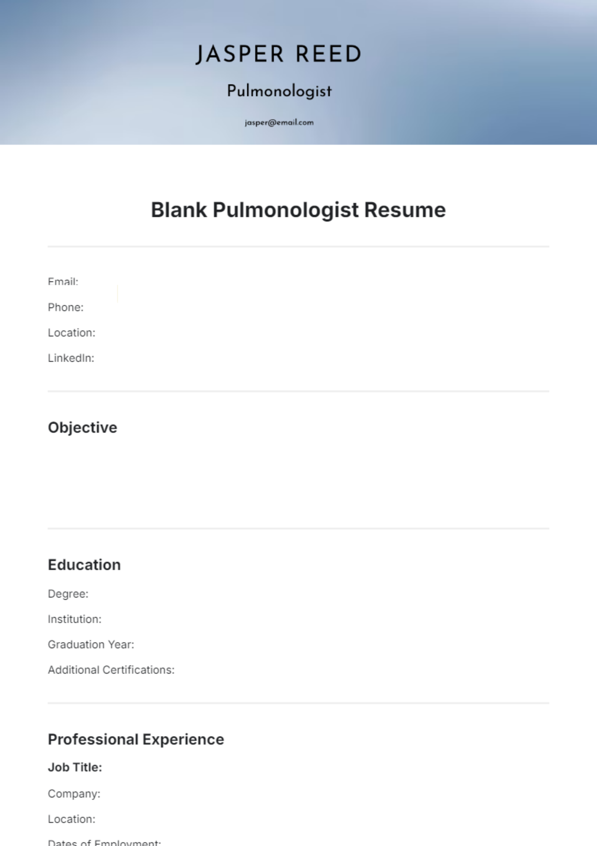 Blank Pulmonologist Resume Template - Edit Online & Download