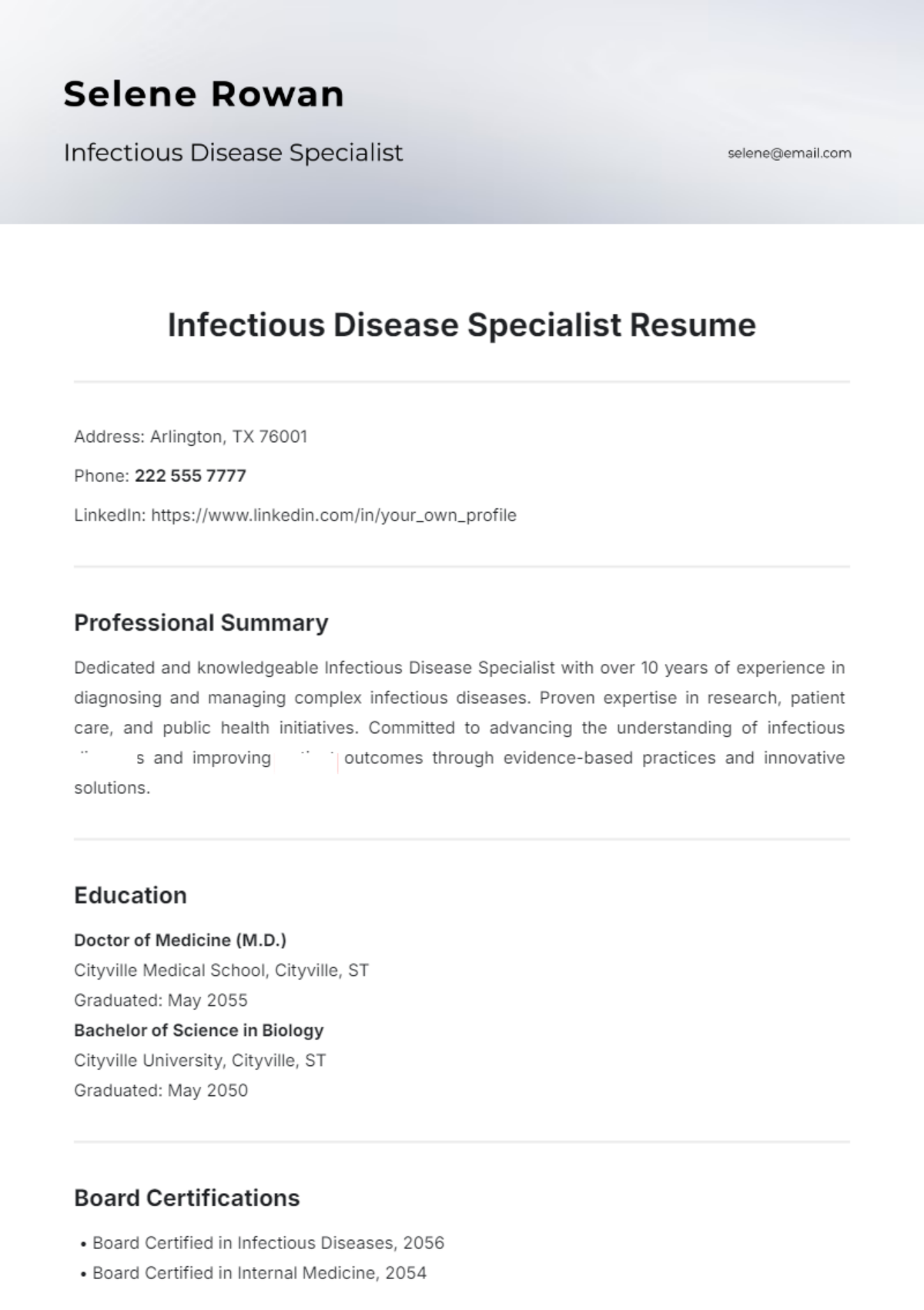 Infectious Disease Specialist Resume Template - Edit Online & Download