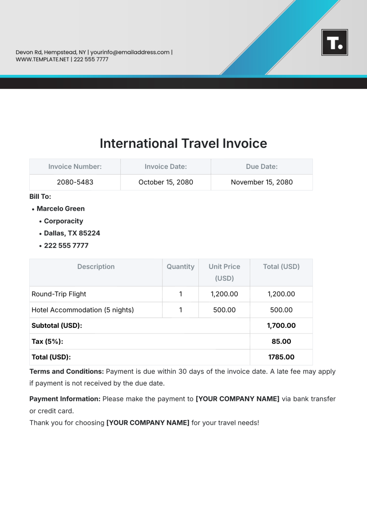 International Travel Invoice Template - Edit Online & Download