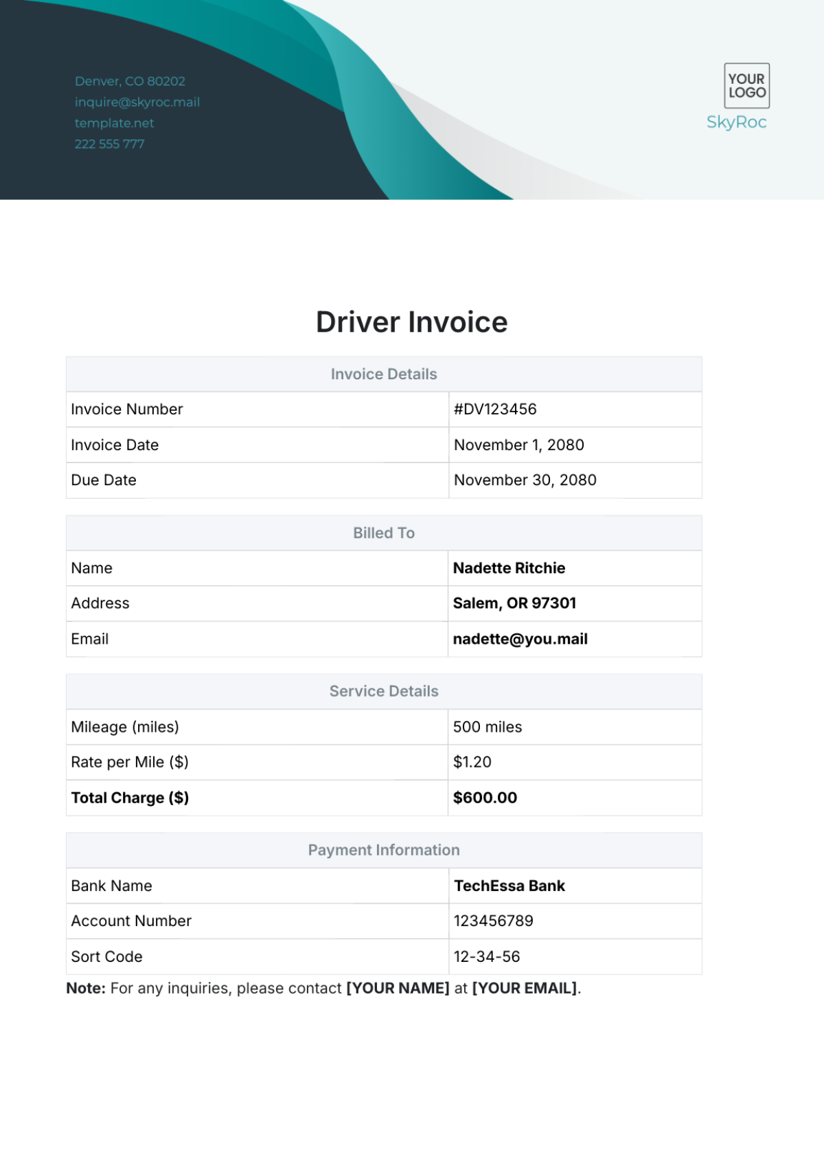 Driver Invoice Template - Edit Online & Download