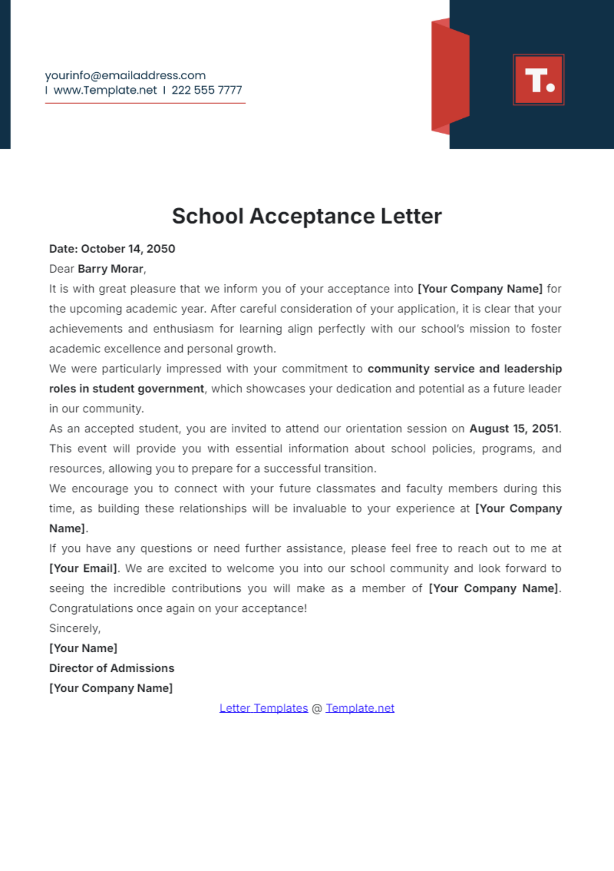 School Acceptance Letter Template - Edit Online & Download