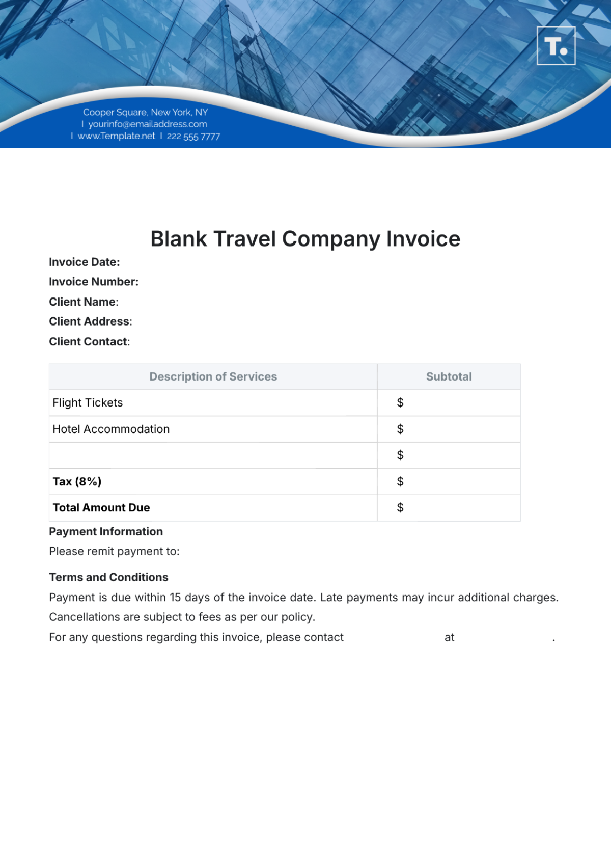 Blank Travel Company Invoice Template - Edit Online & Download