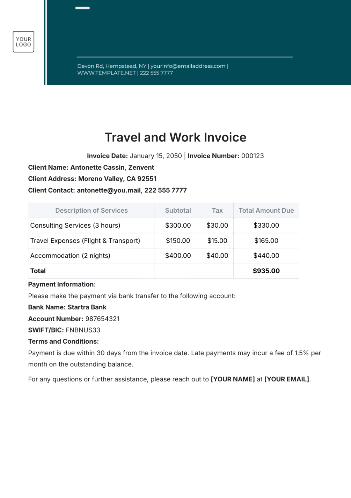 Travel and Work Invoice Template - Edit Online & Download