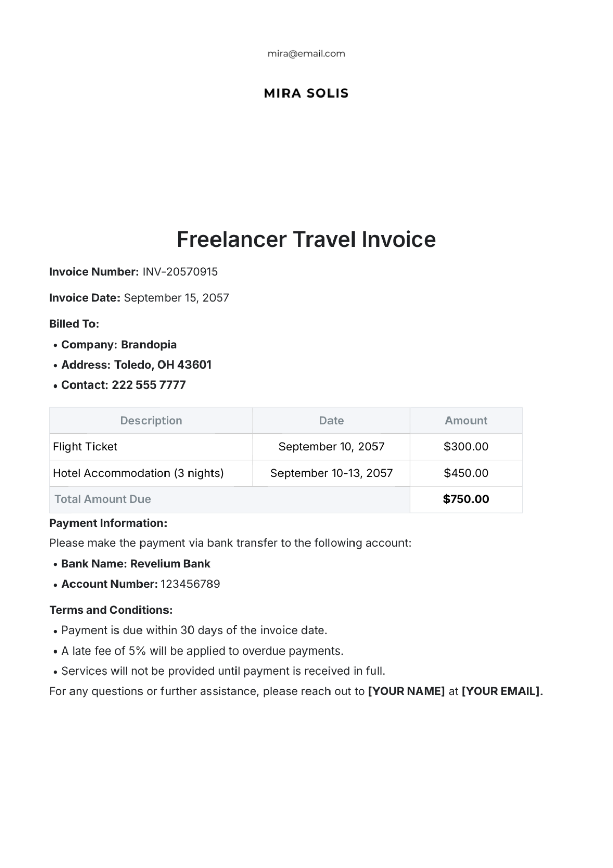 Freelancer Travel Invoice Template - Edit Online & Download