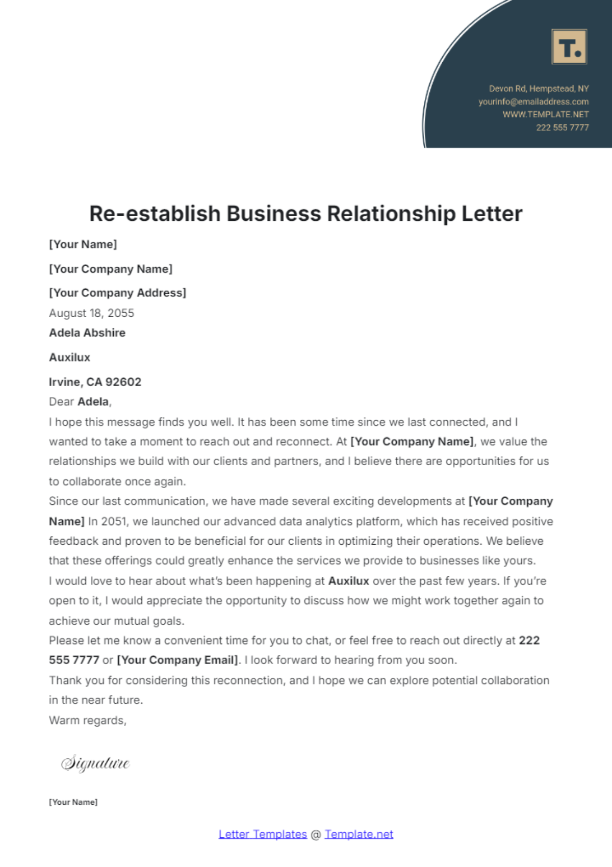 Re-establish Business Relationship Letter Template - Edit Online & Download