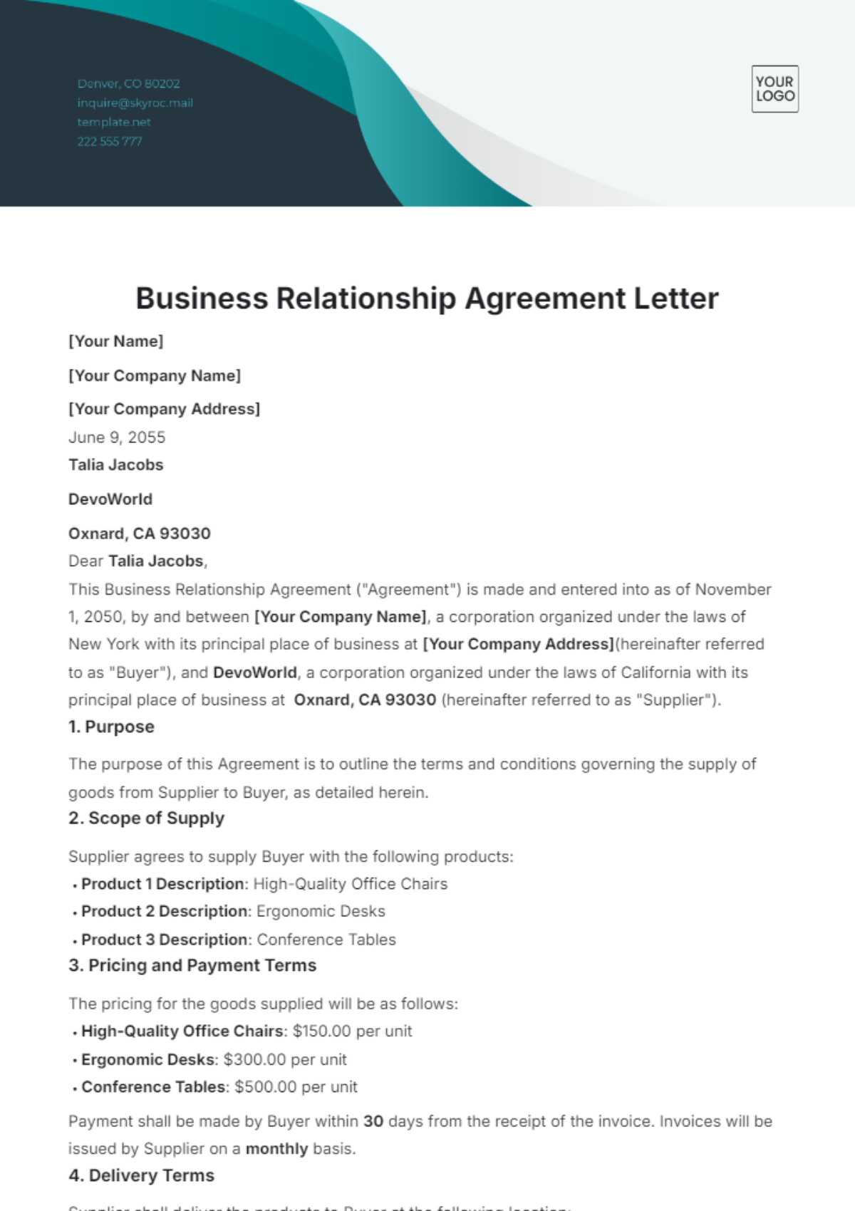 Business Relationship Agreement Letter Template - Edit Online & Download