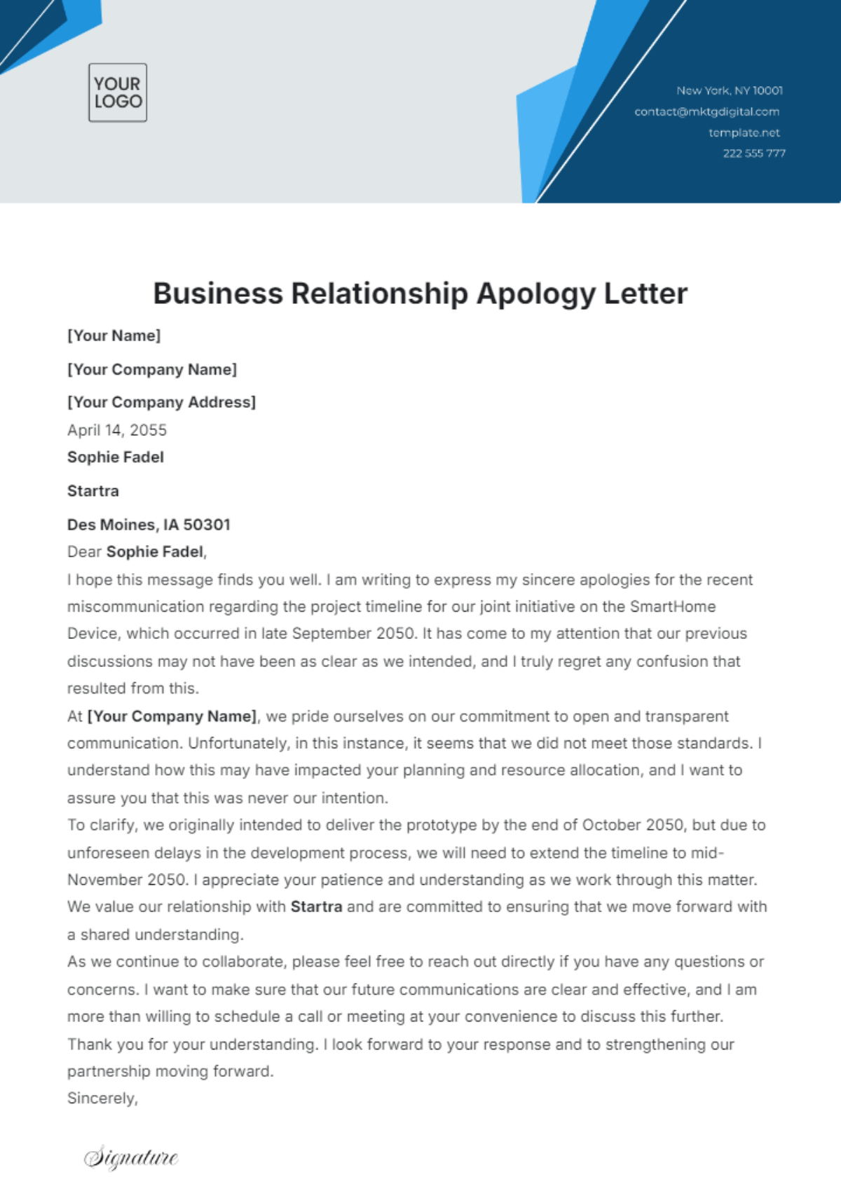 Business Relationship Apology Letter Template - Edit Online & Download