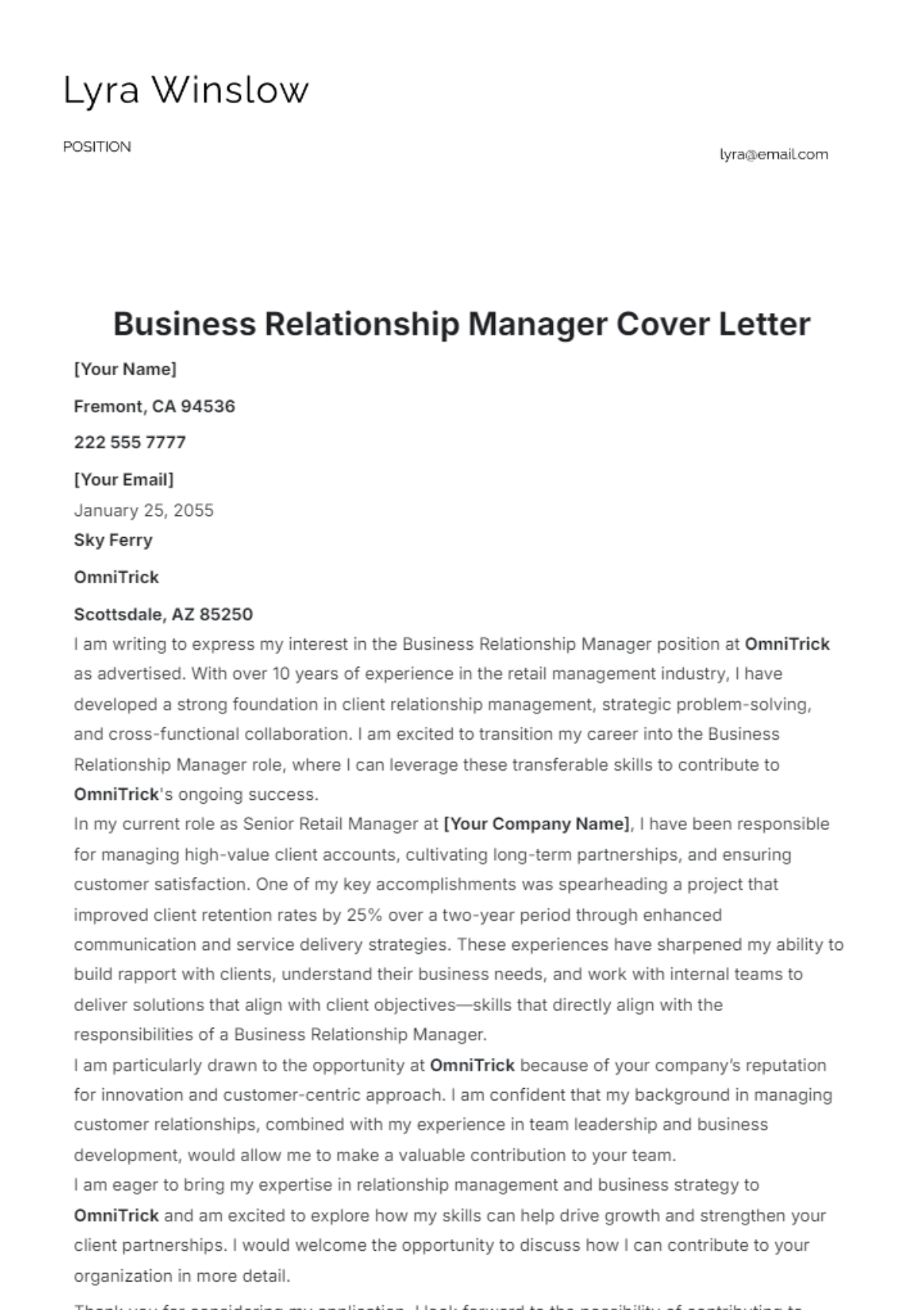 Business Relationship Manager Cover Letter Template - Edit Online & Download