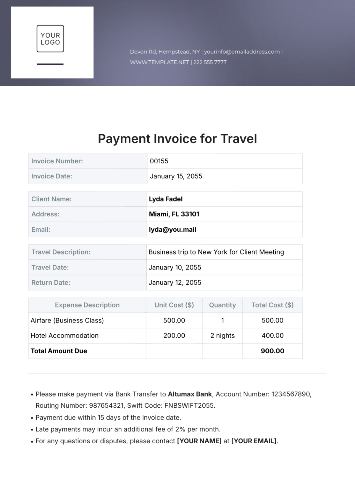 Payment Invoice Template for Travel