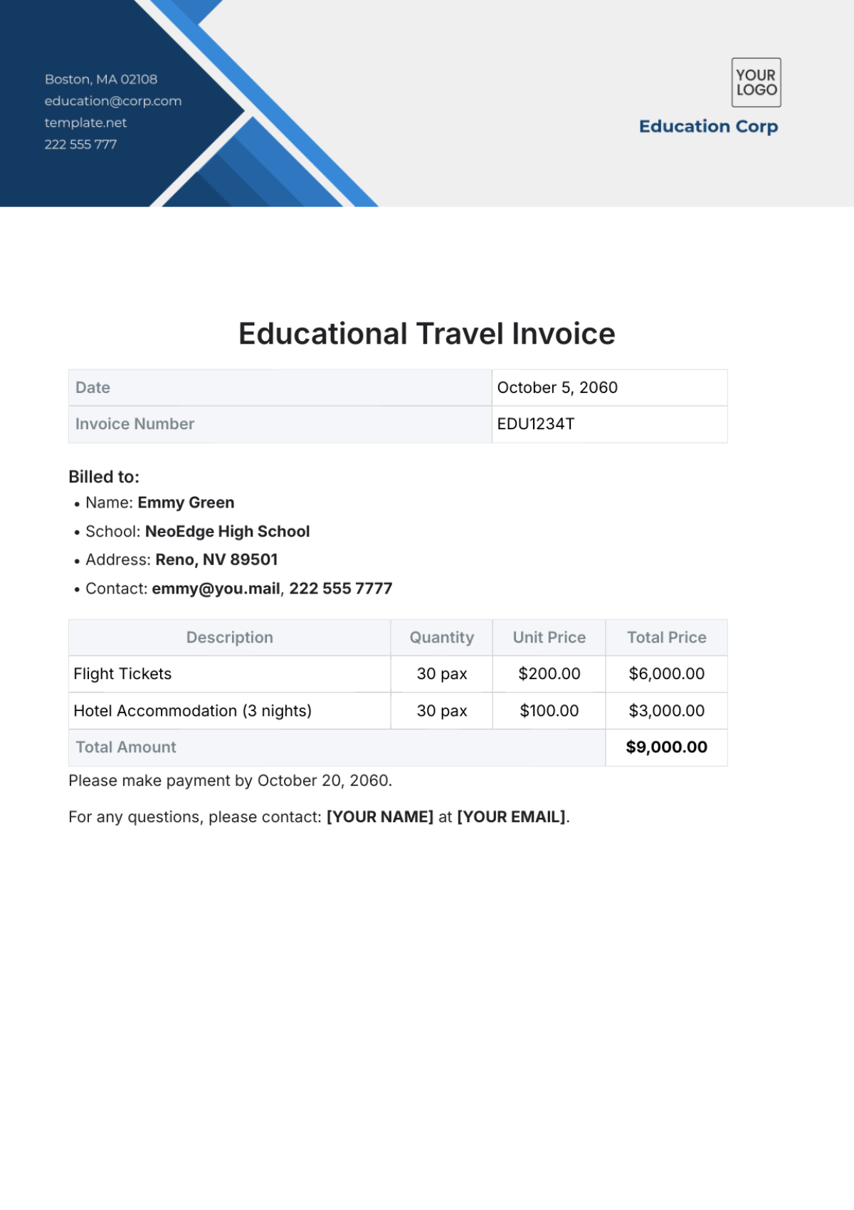 Educational Travel Invoice Template