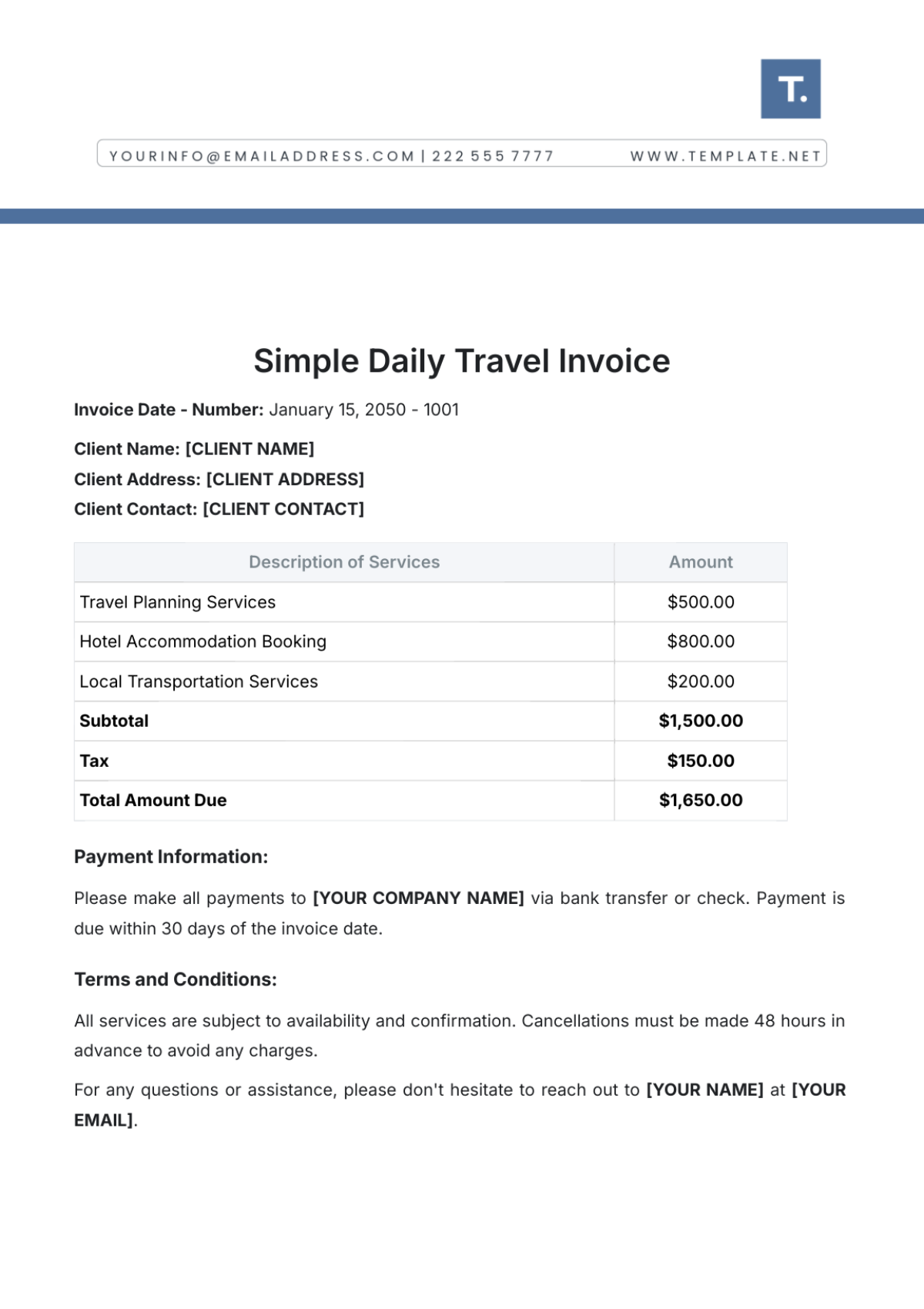 Simple Daily Travel Invoice Template