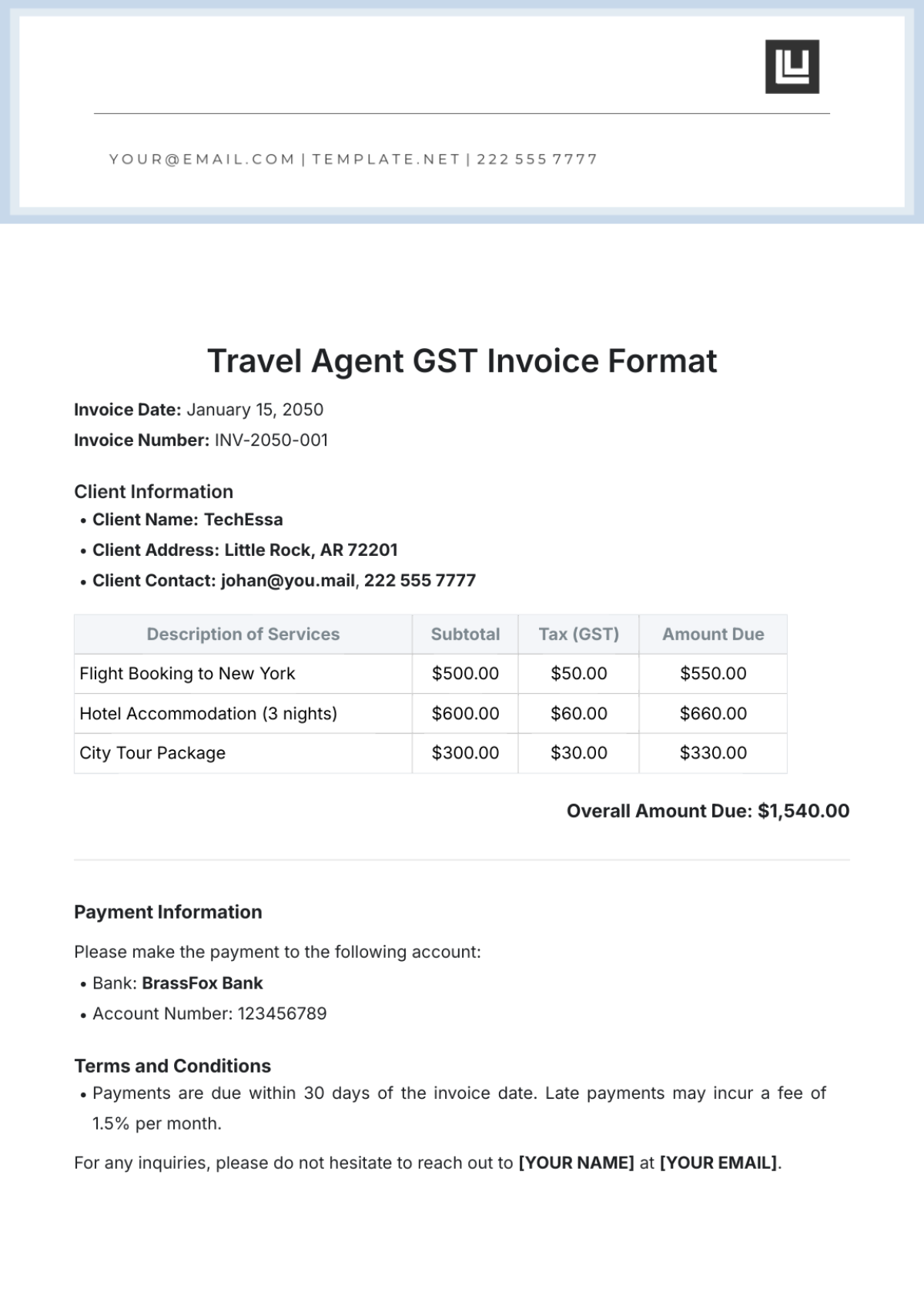 Travel Agent GST Invoice Format Template