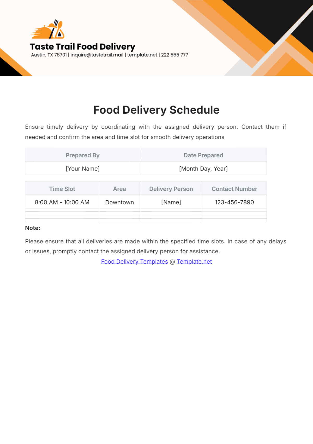 Food Delivery Schedule Template - Edit Online & Download