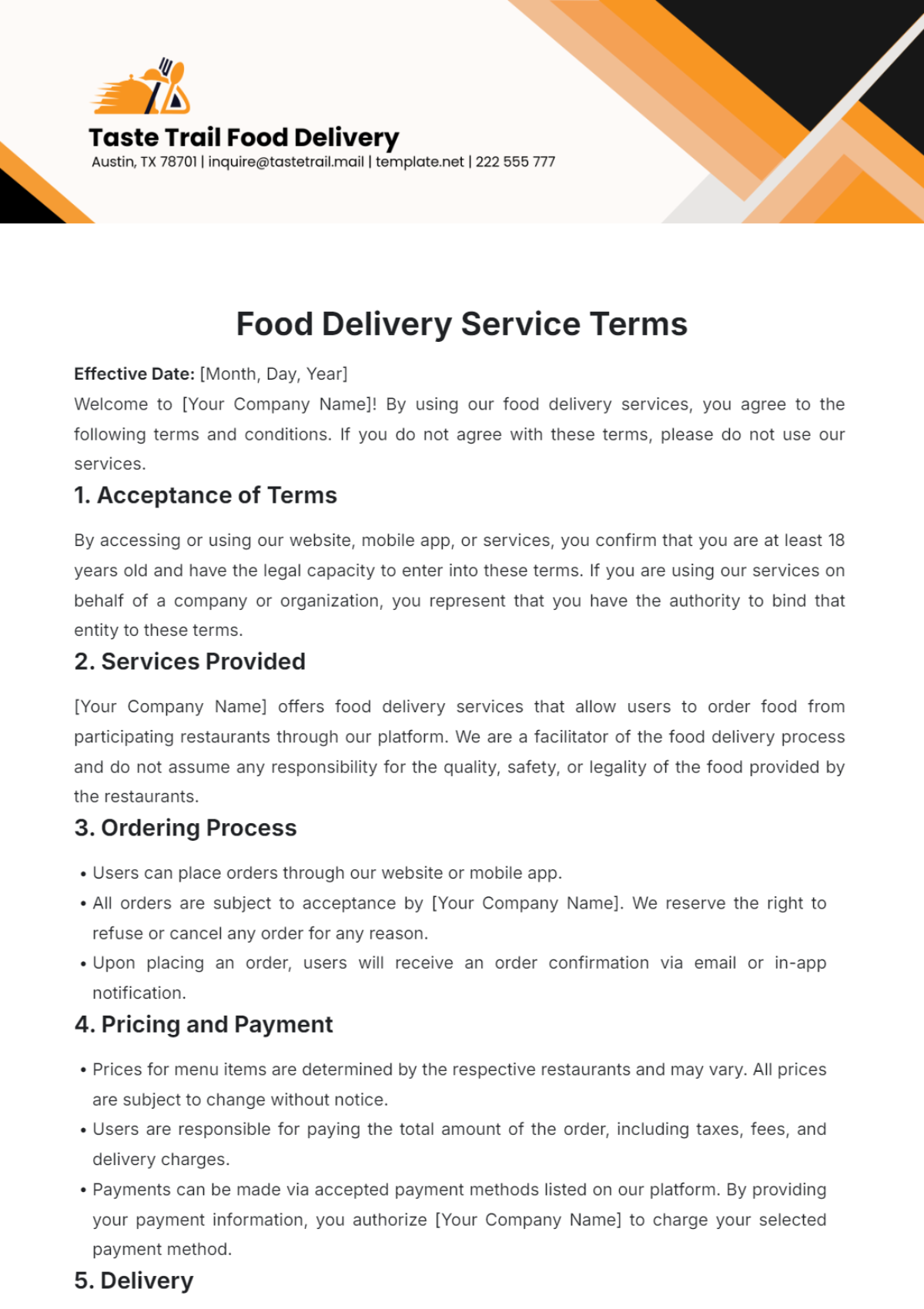 Food Delivery Service Terms Template - Edit Online & Download