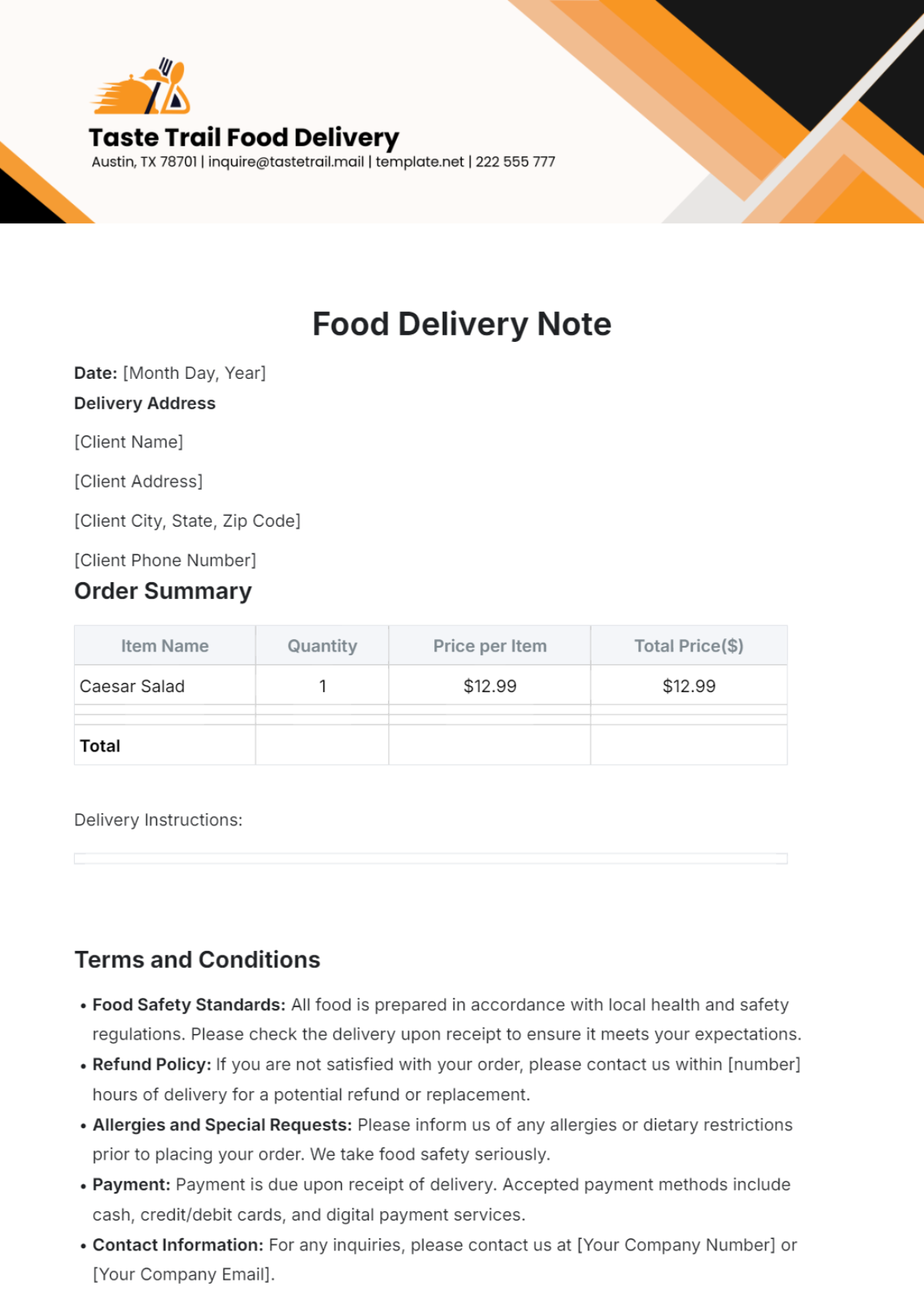 Food Delivery Note Template - Edit Online & Download