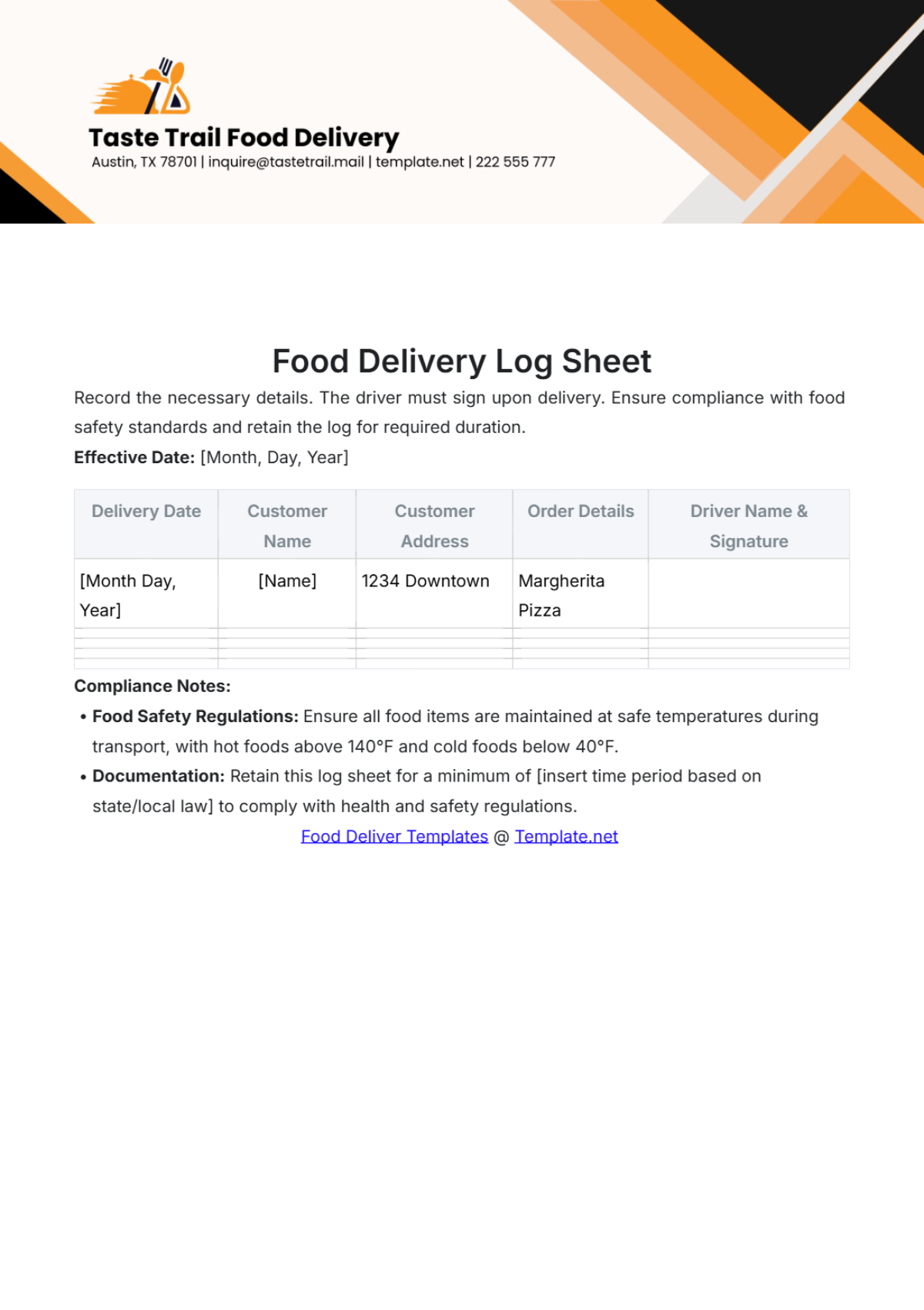 Food Delivery Log Sheet Template