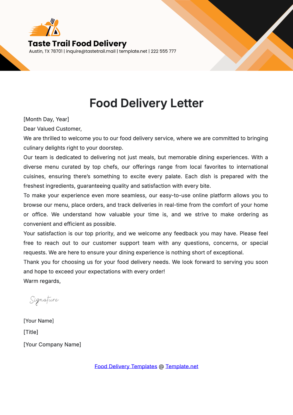 Food Delivery Letter Template - Edit Online & Download