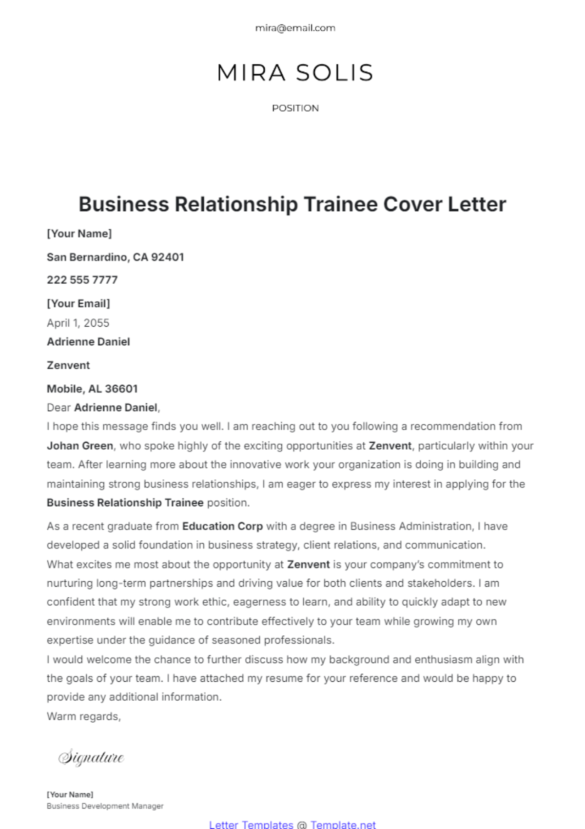 Business Relationship Trainee Cover Letter Template - Edit Online & Download