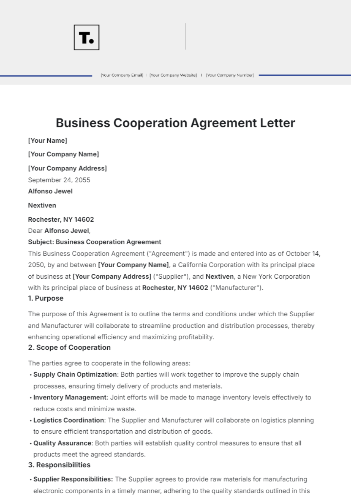 Business Cooperation Agreement Letter Template - Edit Online & Download