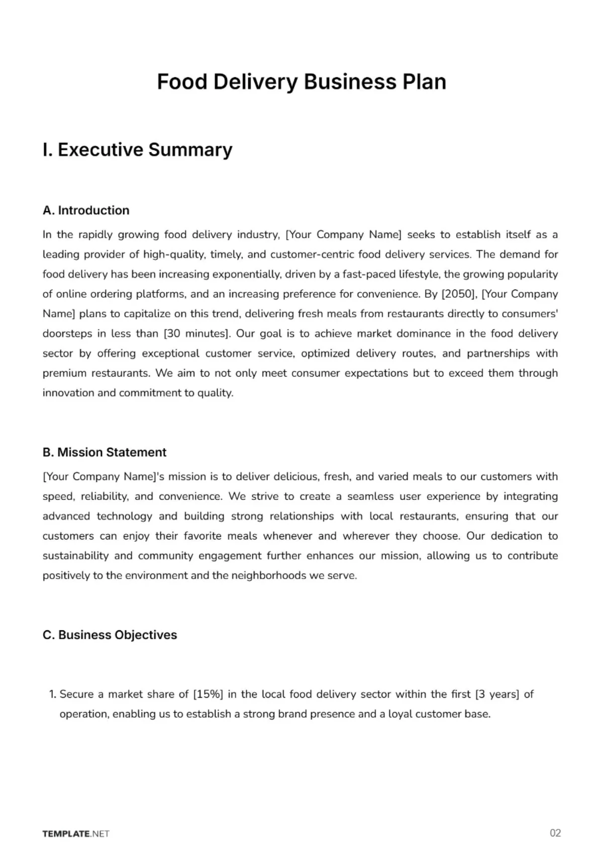 Free Food Delivery Business Plan Template to Edit Online